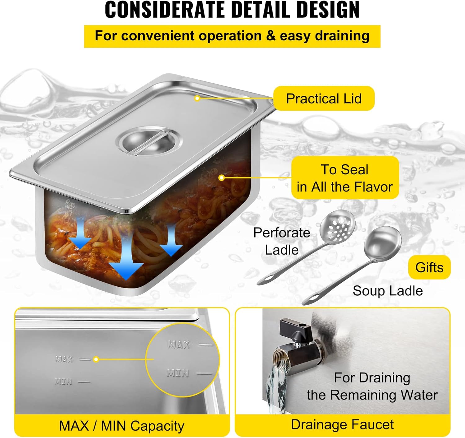 VEVOR 110V Commercial Food Warmer 2x1/3GN and 2x1/6GN, 4-Pan Stainless Steel Bain Marie 14.8 Qt Capacity, 1500W Steam Table 15cm/6inch Deep,Temp. Control 86-185, Electric Soup Warmer w/Lids & 2 Ladles : Industrial & Scientific