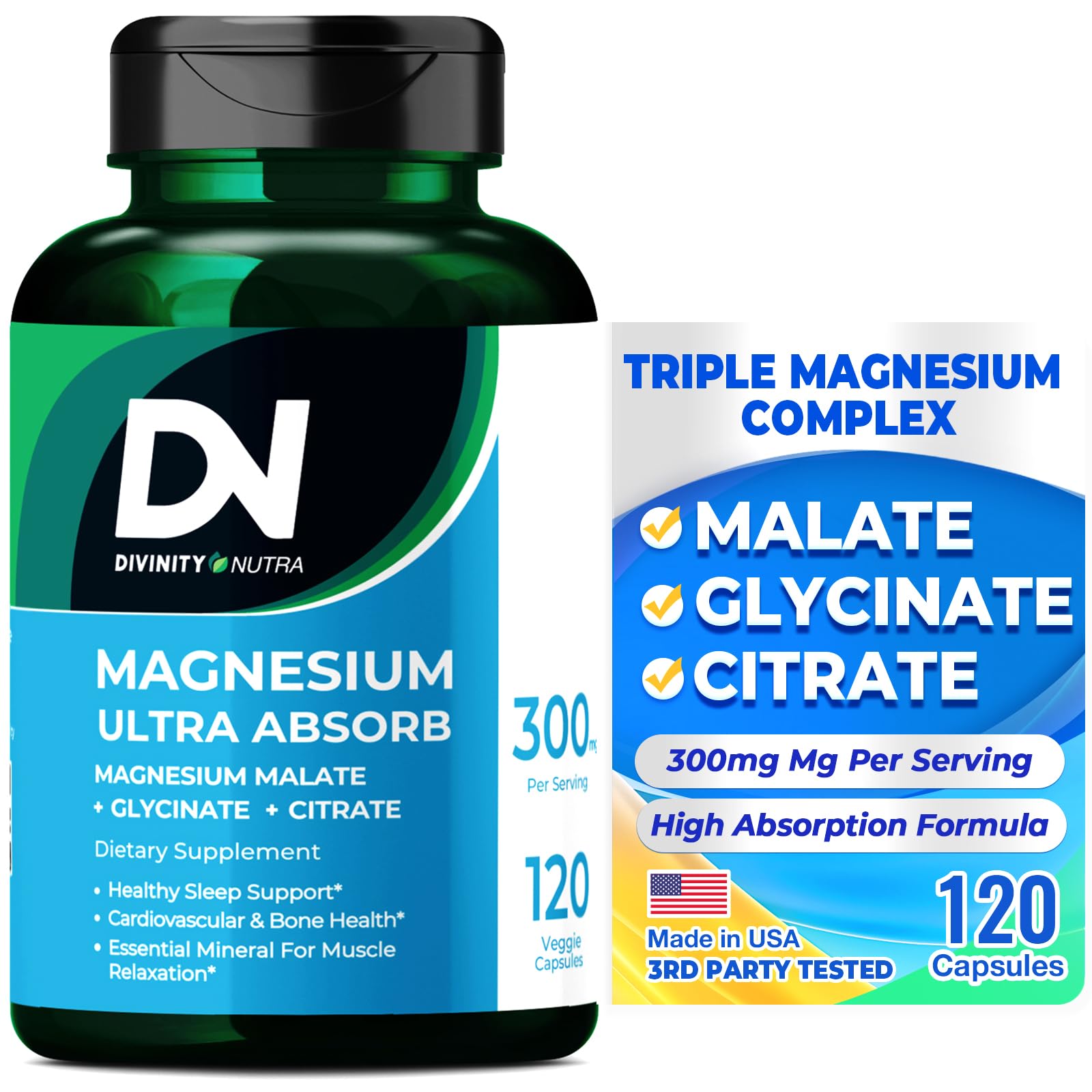 Triple Magnesium Complex Supplement,300mg of Magnesium Glycinate, Malate & Citrate for Muscles, Nerves, & Energy, High Absorption, 120 Vegan Capsules，Non-GMO USA Made