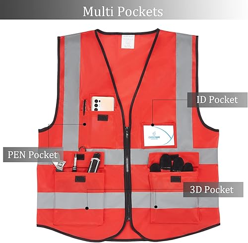 Miniatura 10 de Chaleco de seguridad reflectante con bolsillos, tira plateada de alta visibilidad para hombres y mujeres (amarillo, L)