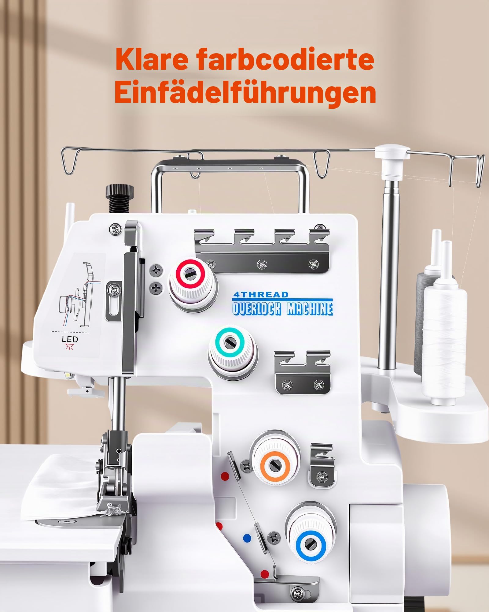 VEVOR Overlock-Nähmaschine 1250 Stiche pro Minute, 3- und 4-Faden-fähig, mit LED-Licht & starken Saugfüßen, robuste Nähmaschine mit Metallrahmen für verschiedene Stoffe, Weiß