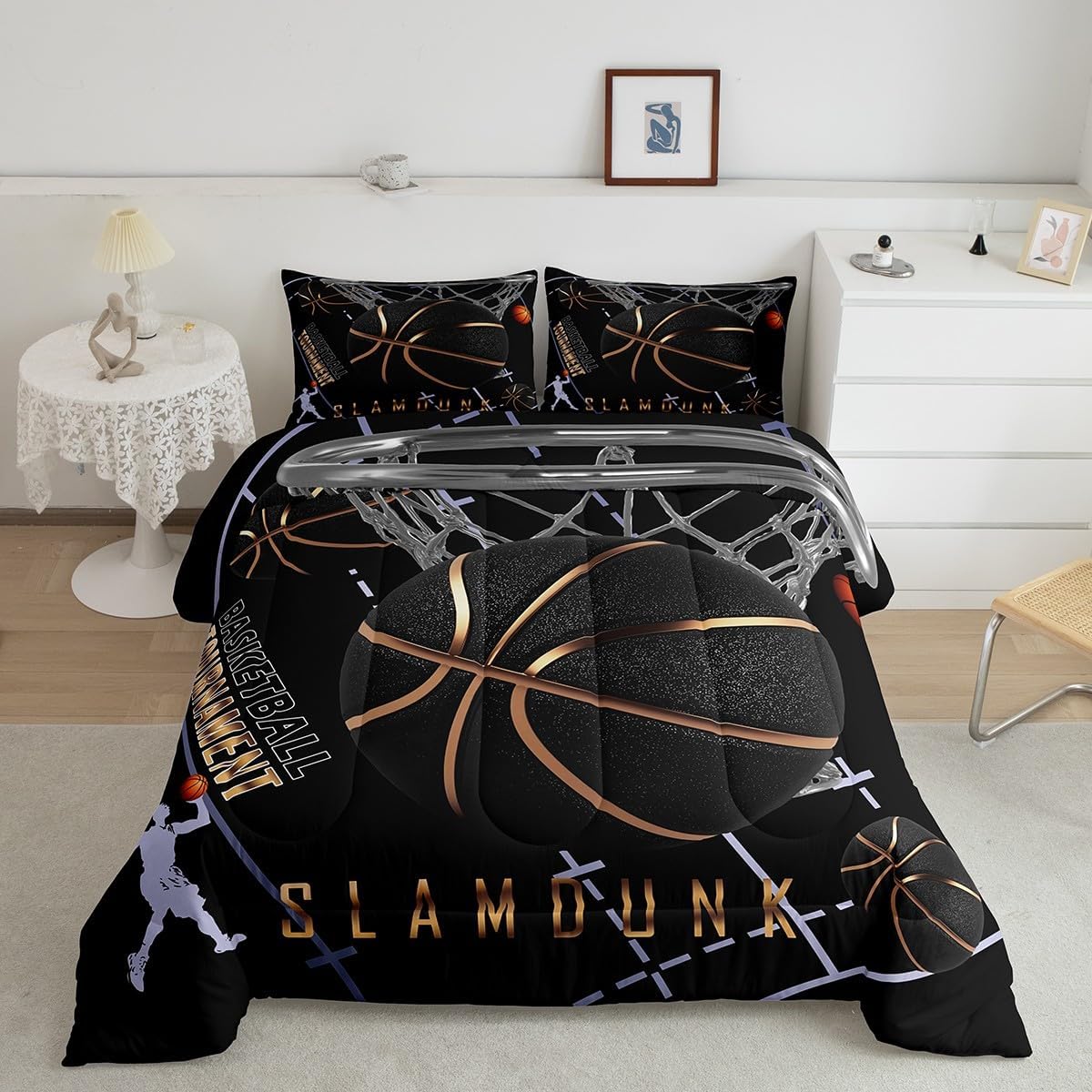 Erosebridal Teen Basketball Court King Size Comforter Sets, Basketball Bedding Set, Sportsman Slam Dunk Quilt for Boys Kids Men Bedroom Decor Sports Games Bedding Comforter Sets, Black Gold