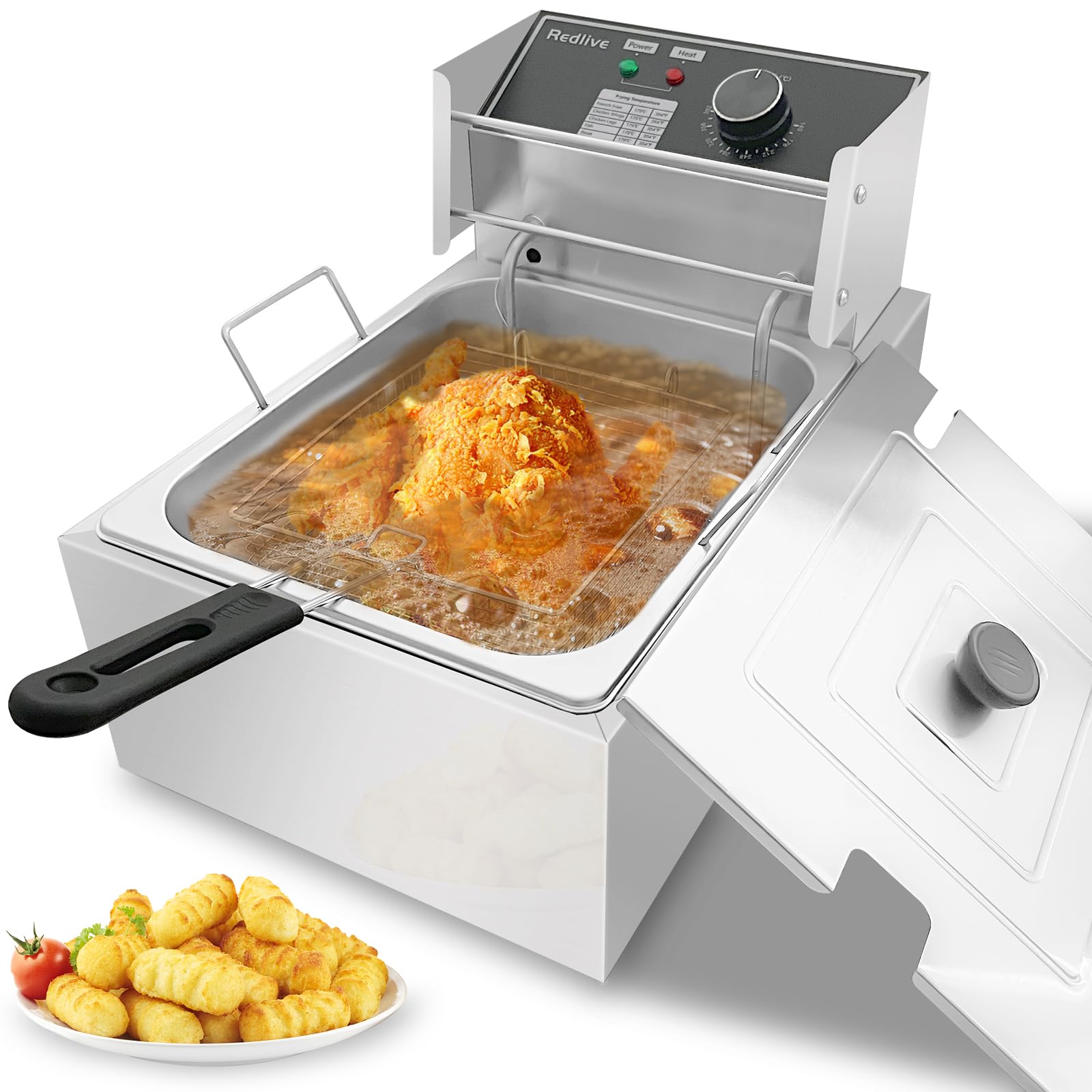 Electric Deep Fryer 10L/10.5QT Stainless Steel Single Tank Commercial Fryer with Basket, 1700W 110V Countertop Deep Fryer for Home Kitchen and Restaurant Use with Oil Thermometer & Temperature Control