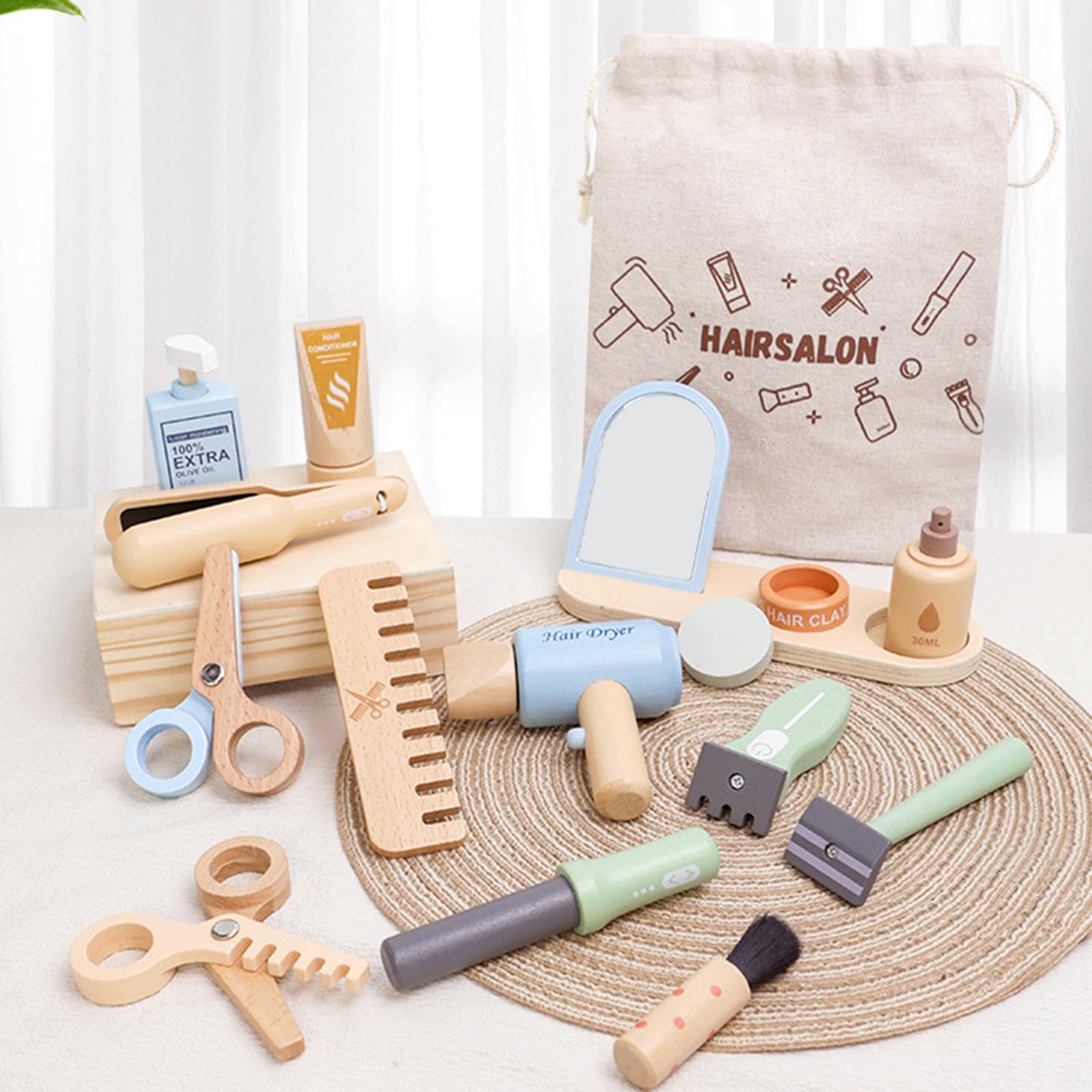 Friseursalon Set Aus Holz, Haartrockner Spielzeug, Feinmotorik Förderung, Interaktives Rollenspiel
