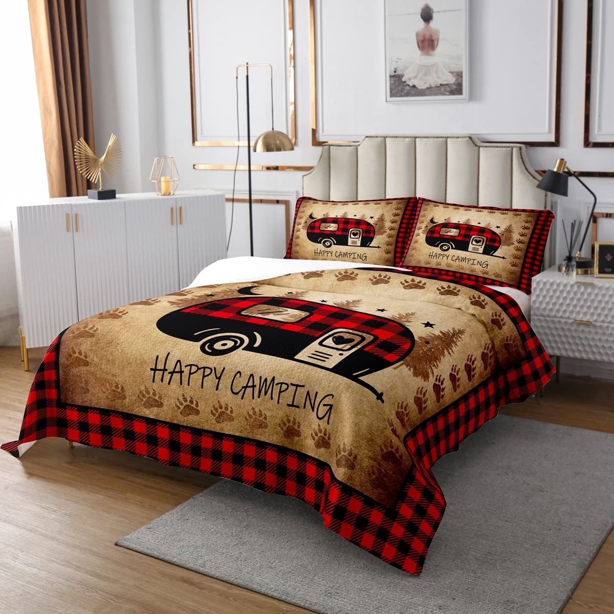 Erosebridal Happy Camping Queen Quilt Set Vintage Farmhouse Coverlet Set, Grid Camper Car Bedding for Kids Toddler Boys Girls Rustic Lodge Cabin Bedspread Set, Brown Grunge Bed Quilt 3 Pieces