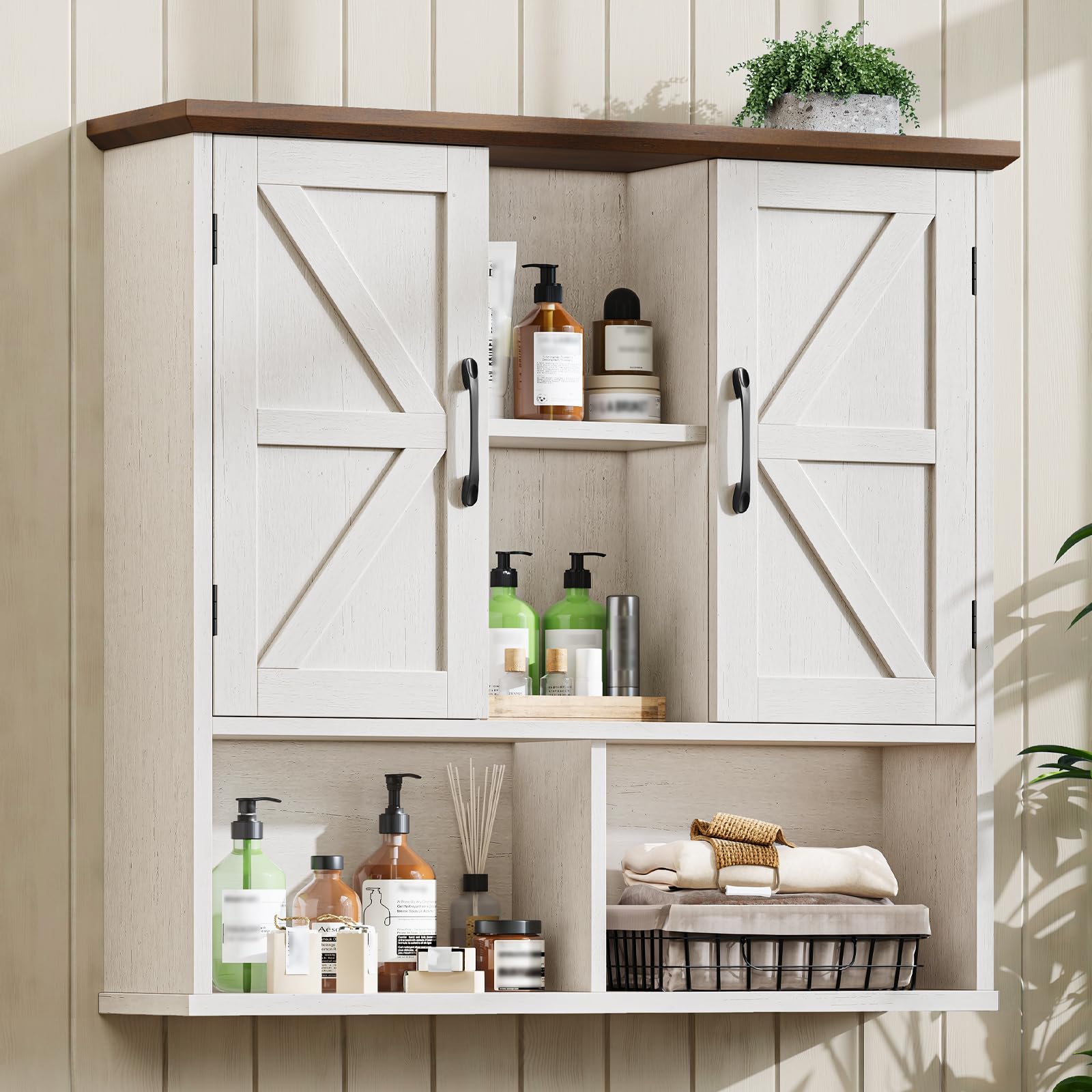Vabches Bathroom Wall Cabinet, Farmhouse Medicine Cabinet with Double Barn Door and Adjustable Shelves, Wooden Vintage Storage Cabinet Wall Mounted for Bathroom, Kitchen Dining, Rustic White
