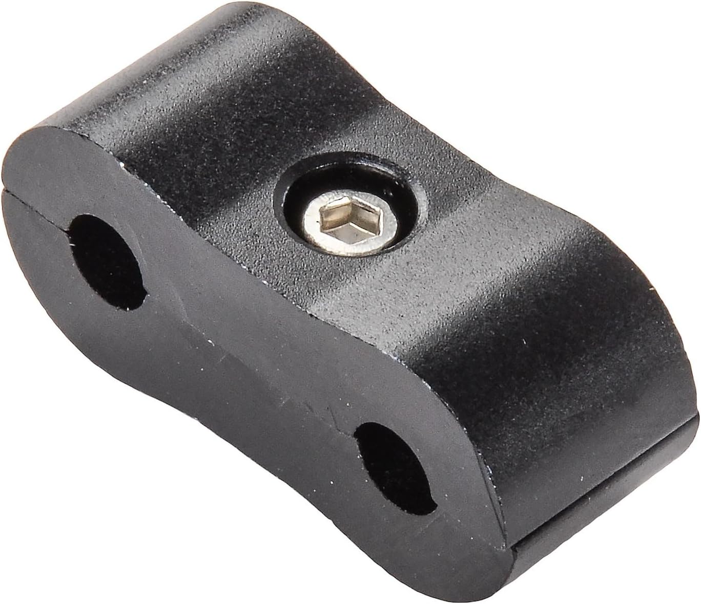 JEGS Line Separator | 0.187in. I.D. x 0.187in. I.D. | 1.26in. L x 0.49in. W x 0.56in. H | Black Anodized Aluminum | 2-Piece Design With 3/16in.Allen Head Bolt | 0.525in.Between Lines | 1 / Pkg
