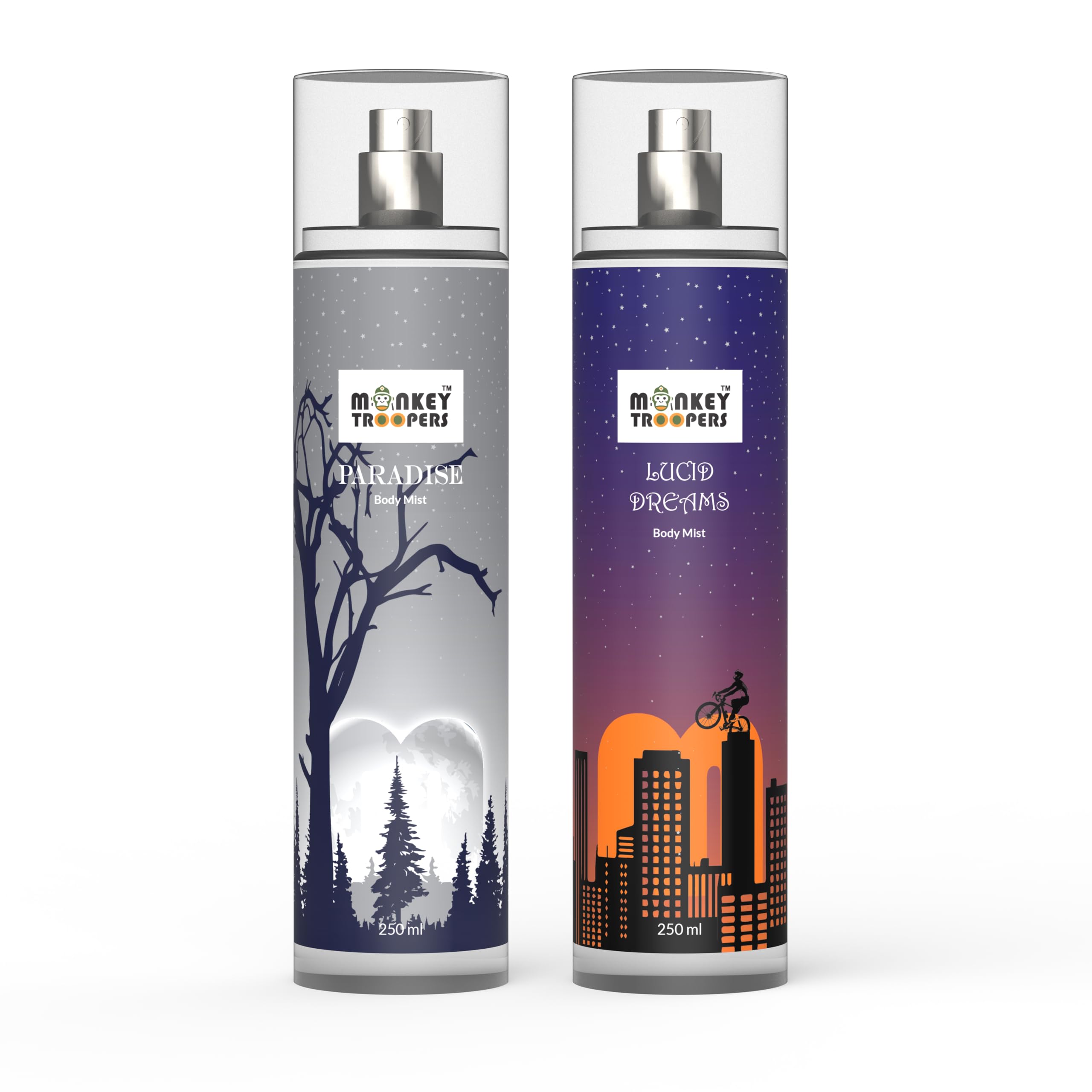 MONKEY TROOPERS Paradise and Lucid Dreams Combo Body Mist for Women and Men | Skin Friendly, Refreshing and Long Lasting Body Mist | Combo Pack of 2 (500ml)
