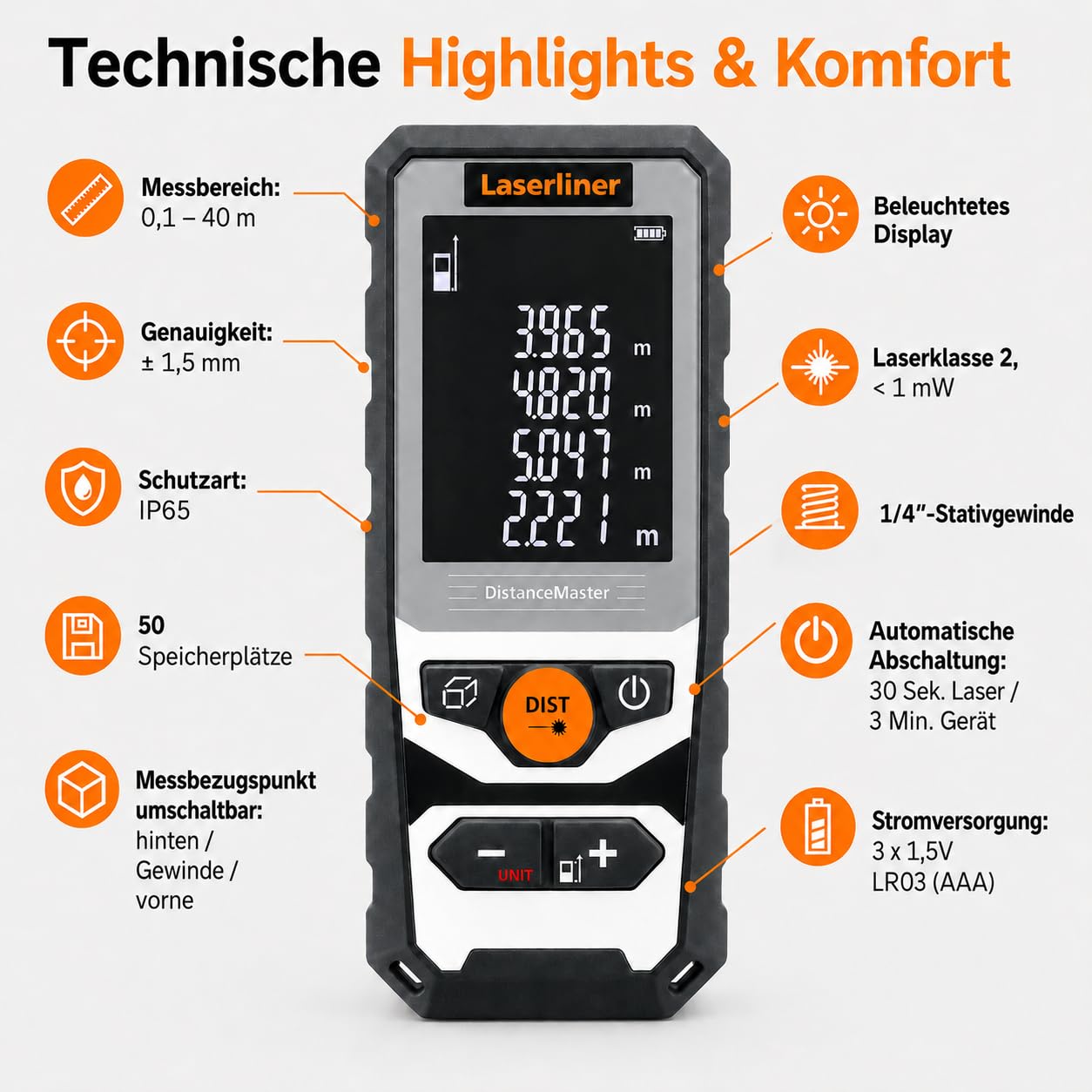 Laserliner DistanceMaster 40 Télémètre Laser | Appareil de Mesure Numérique, Portée de 40 m, Mesure de Longueur/Surface/Volume