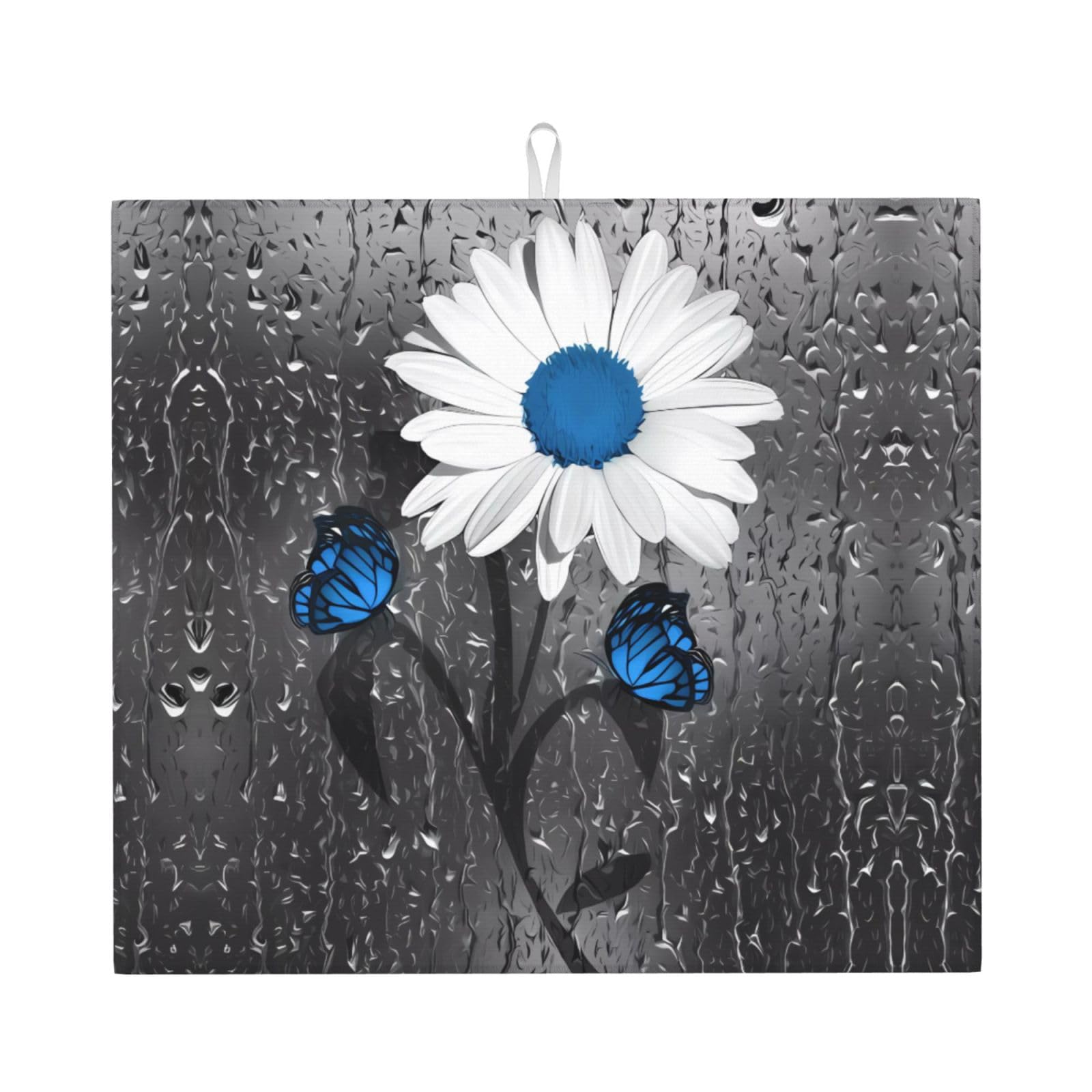 WHJSSF White Blue Daisy Prints Kitchen Drying Mat – Absorbent Dish Throw for Countertops, Quick-Dry Non-Slip Layer with Stylish Prints, Ideal Housewarming Gift