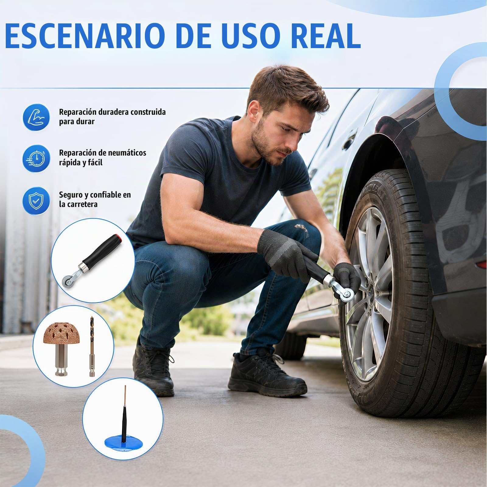 Kit Reparación Neumáticos, 27 Piezas Coches Reparación Neumáticos Para Automóviles Camiones Motocicletas Y Bicicletas Juego Multiusos Tapones Y Parches Tapones Goma Tipo Hongo Y Herramientas Inserción