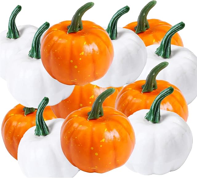 HBell 12pcs Small Artificial Lifelike Pumpkin Fall Harvest Mini Pumpkins for Home Garden,Fall Harvest Decor,Thanksgiving or Halloween Decoration (White, Orange)