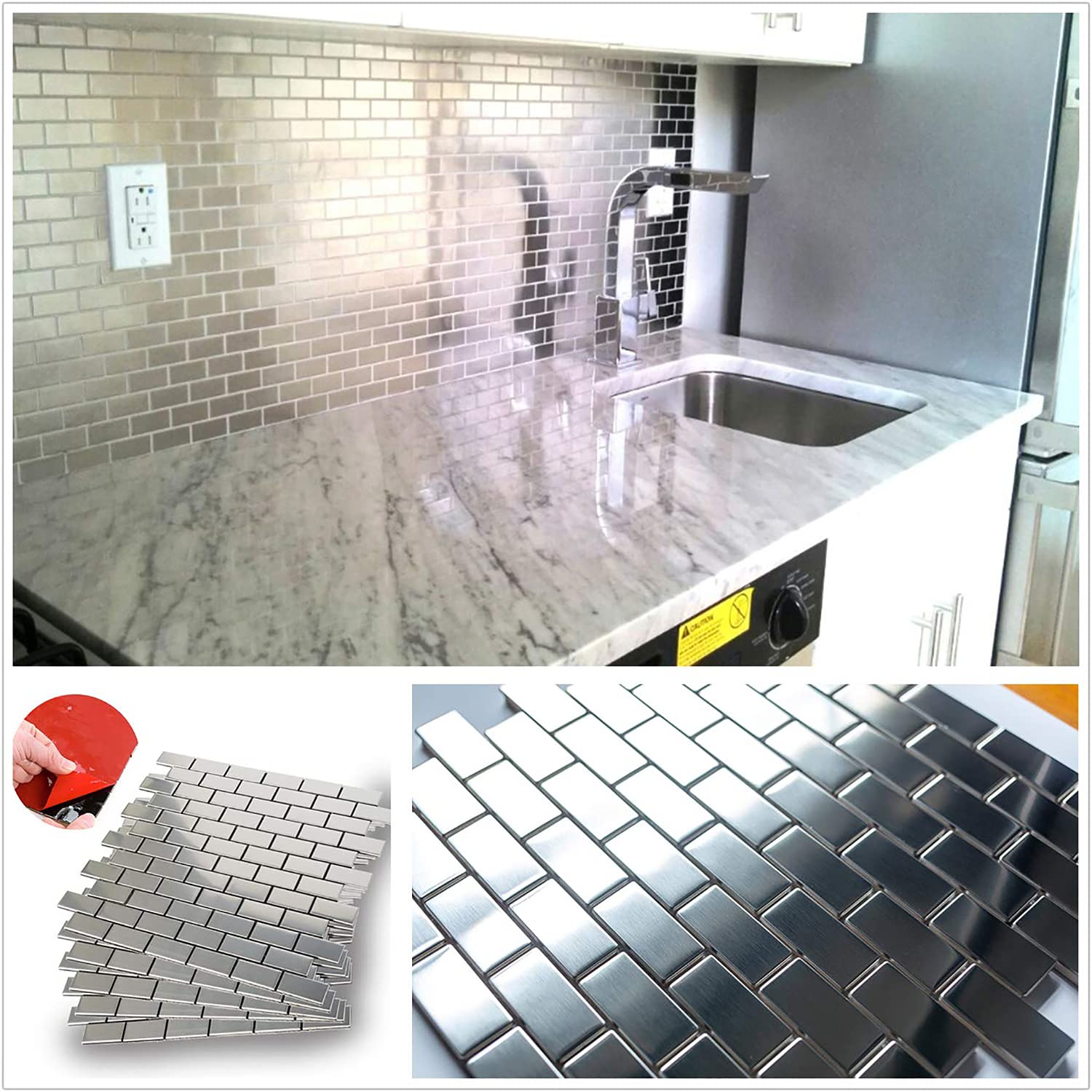 HomeyMosaic Stainless Steel Backsplash Peel and Stick Subway Metal ...