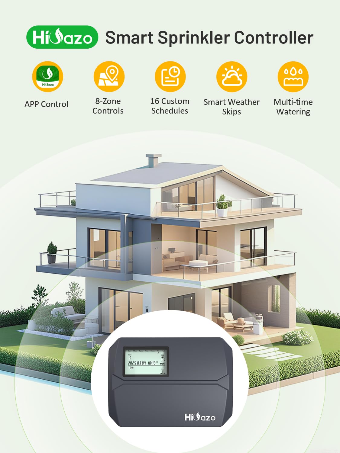 HSC-800 W WiFi inteligentny komputer nawadniający, 8-strefowy ze sterowaniem za pomocą aplikacji, nawadnianie zależne od pogody, ochrona przed uderzeniem wodnym, 16 programów, tryb ręczny i