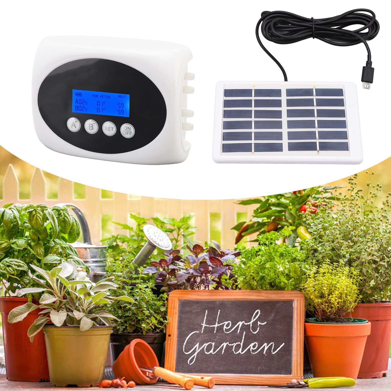 Gonetre Dispositivo di Irrigazione Automatico Solare, Intelligente, Doppia Pompa per Giardino, Irrigatore Temporizzato, Kit di Irrigazione a Goccia per Piante, 10 M per 15 Vasi, Adatto