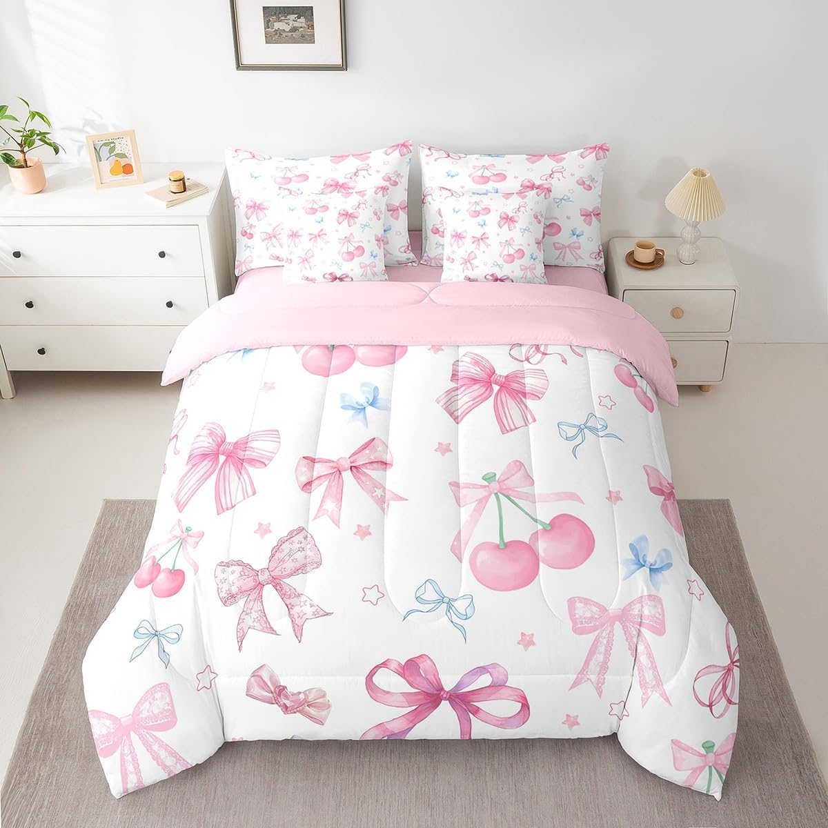 7 Pieces Pink Bow Girls Comforter Set Twin,Cherry Bowknot Print for Kids Girl Woman,Butterfly Bow Bedding Cute Sweet Princess Style Comforter+Fitted+Flat Sheet+2 Pillowcases+2 Throw Pillow Covers