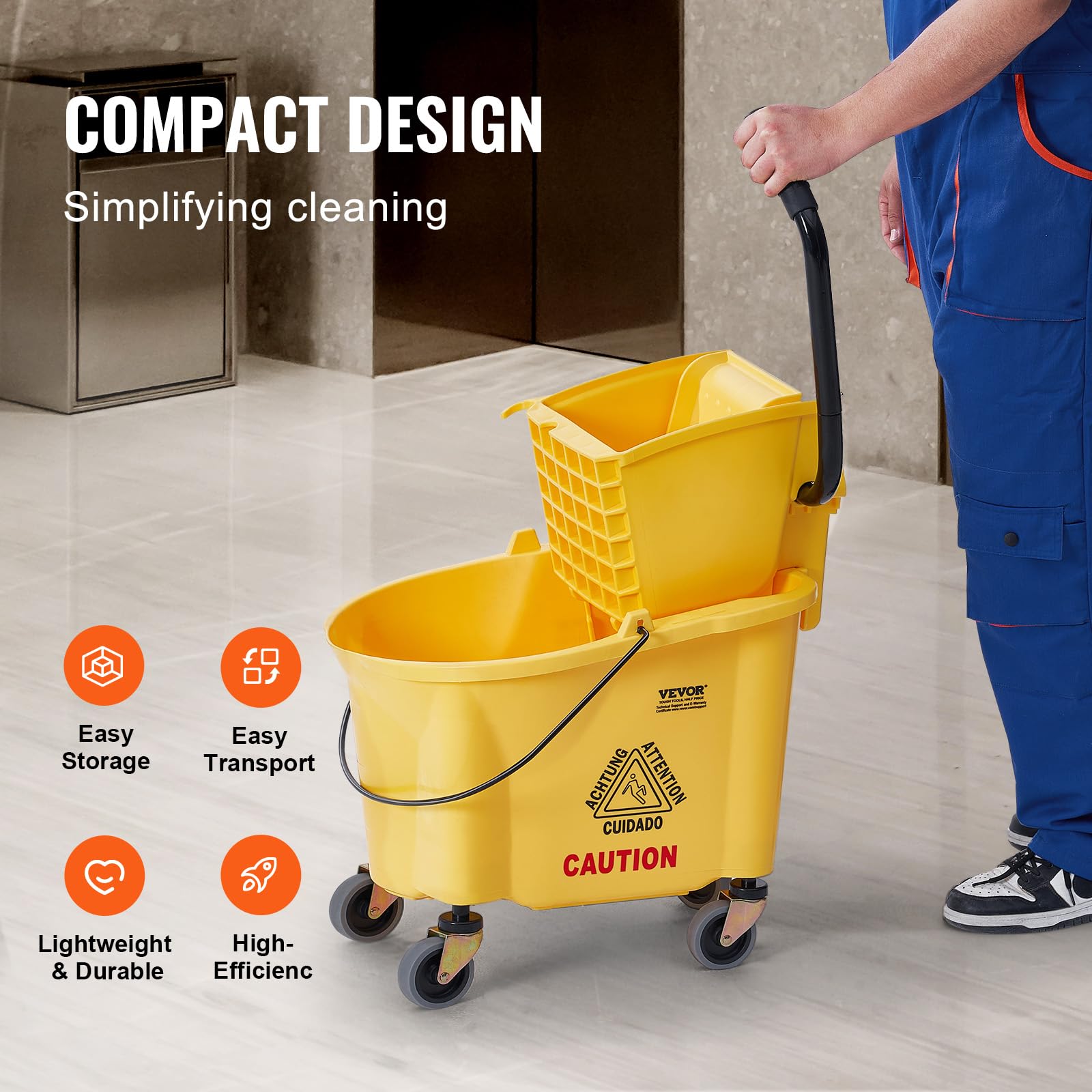 VEVOR Wischeimer Moppeimer mit Wringer, 26 QT Gewerblicher Wischeimer mit seitlicher Presspresse, Gelb