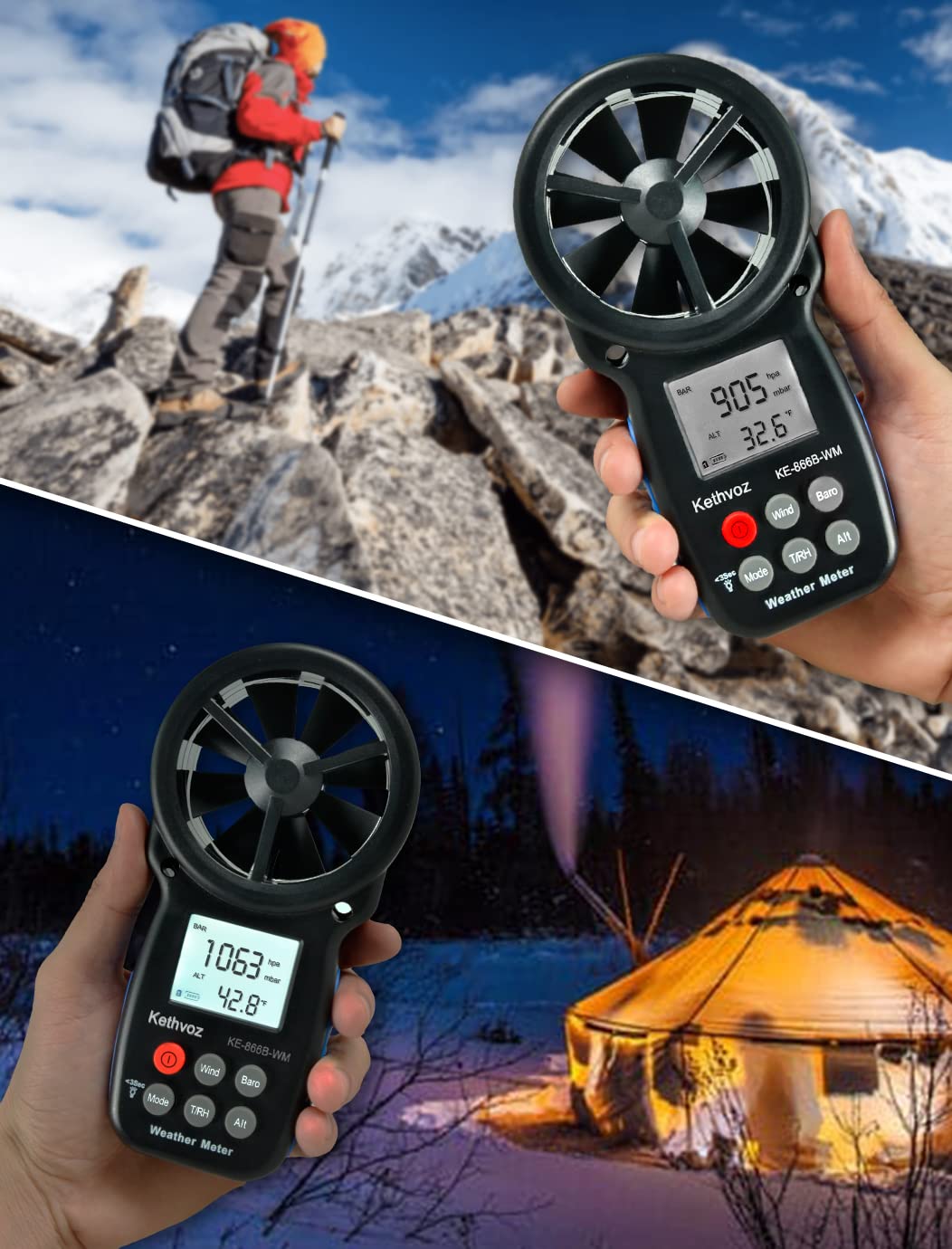 Kethvoz Anémomètre Numérique, Anemometer Portable avec Baromètre Altimètre Mesure Vitesse du Vent Température Humidité Altitude pour Drone Randonnée Escalade VMC Air Balance KE-866B-WM