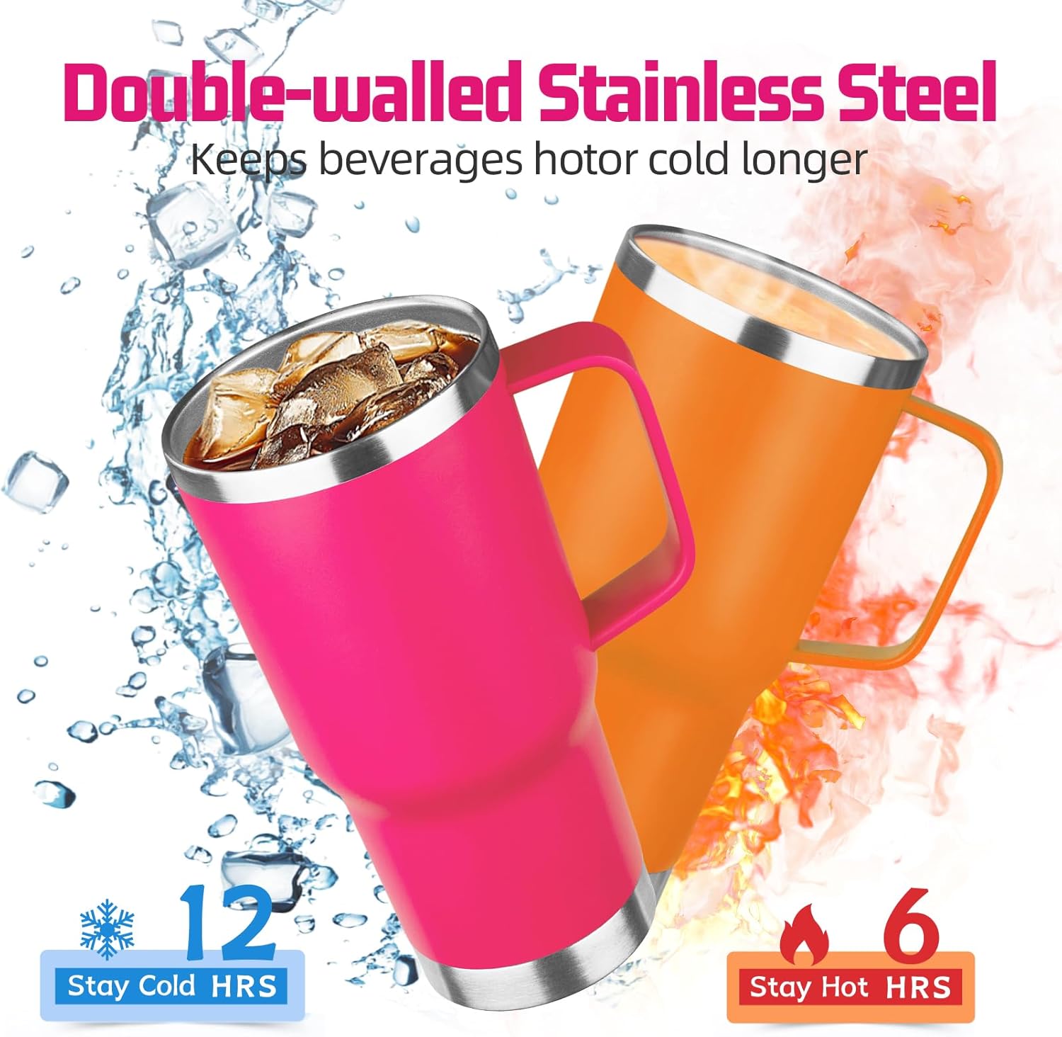 20oz Stainless Steel Insulated Handle Tumbler, Leak Proof Travel Mug with Lid and Straw, Keeps Hot/Cold for 8/12 Hours, Set of 4 - Image 3