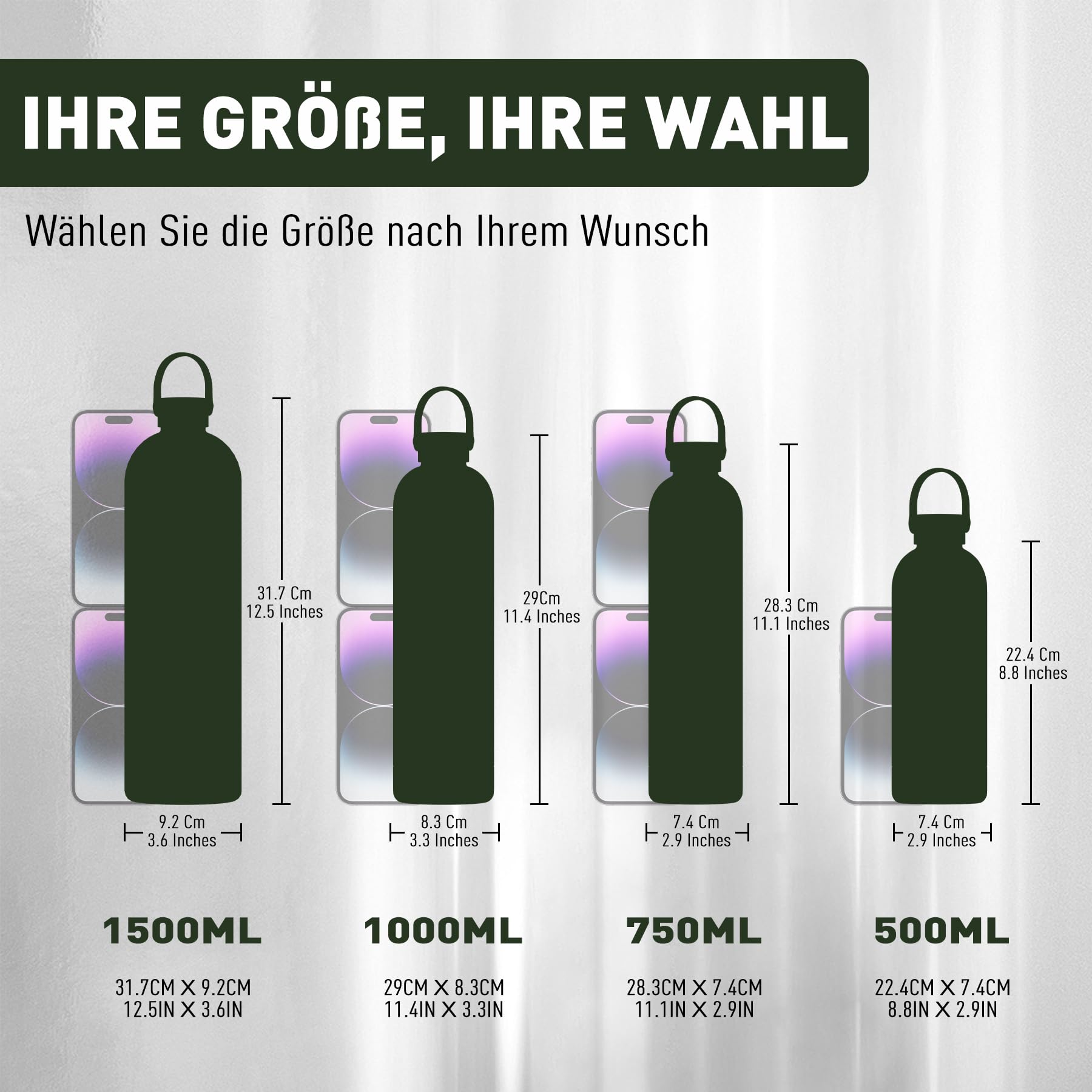 Exllena Trinkflasche Edelstahl mit Griff & Karabiner–500ml/750ml/1L/1,5L isolierte Thermosflasche, 100% auslaufsicher und BPA-frei, Wasserflasche thermo für Sport, Büro & Alltag (Kieferngrün,1500ML)