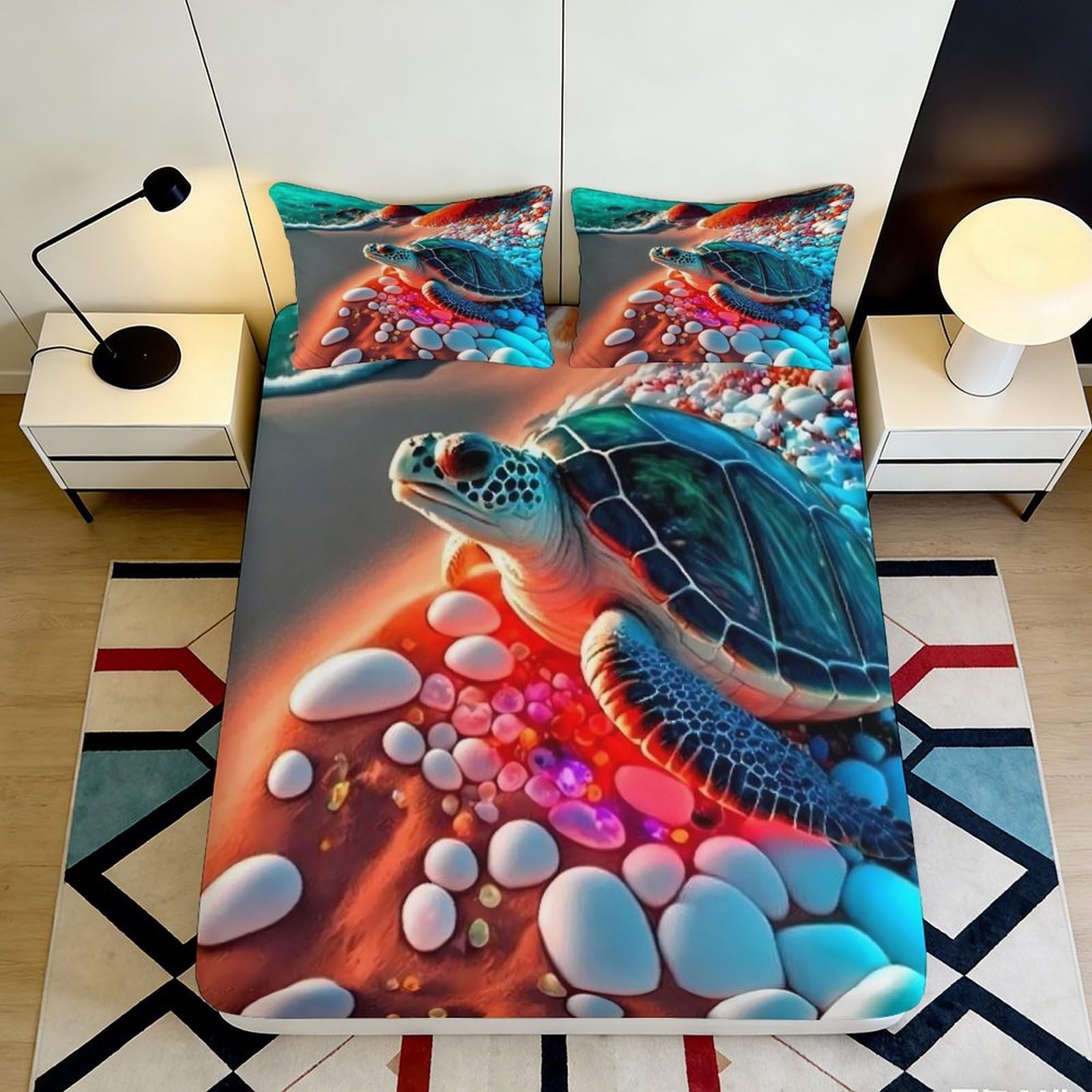 3D Printed Ocean Turtle Fitted Sheet Microfiber Anti-Slip Vibrant Sea Shell Bed Cover for Bedroom Dorm Decor 120x200x25cm