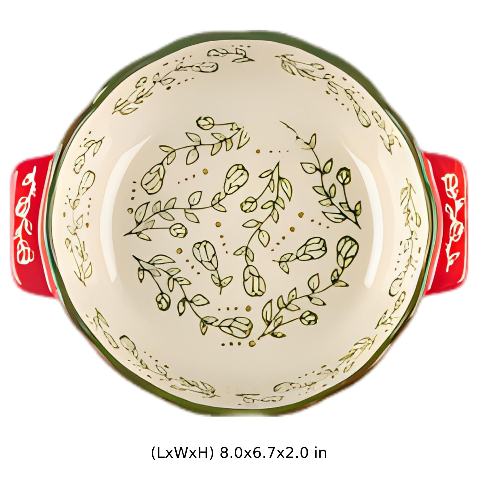 Keramik Backform mit gewelltem Rand und doppeltem Griff, ofengeeignetes Kochgeschirr mit handbemalter Glasur, 20,2 x 17,1 x 5 cm, 650 ml, für Lasagne, Gratin, Pizza, Rot, Creme, Grün