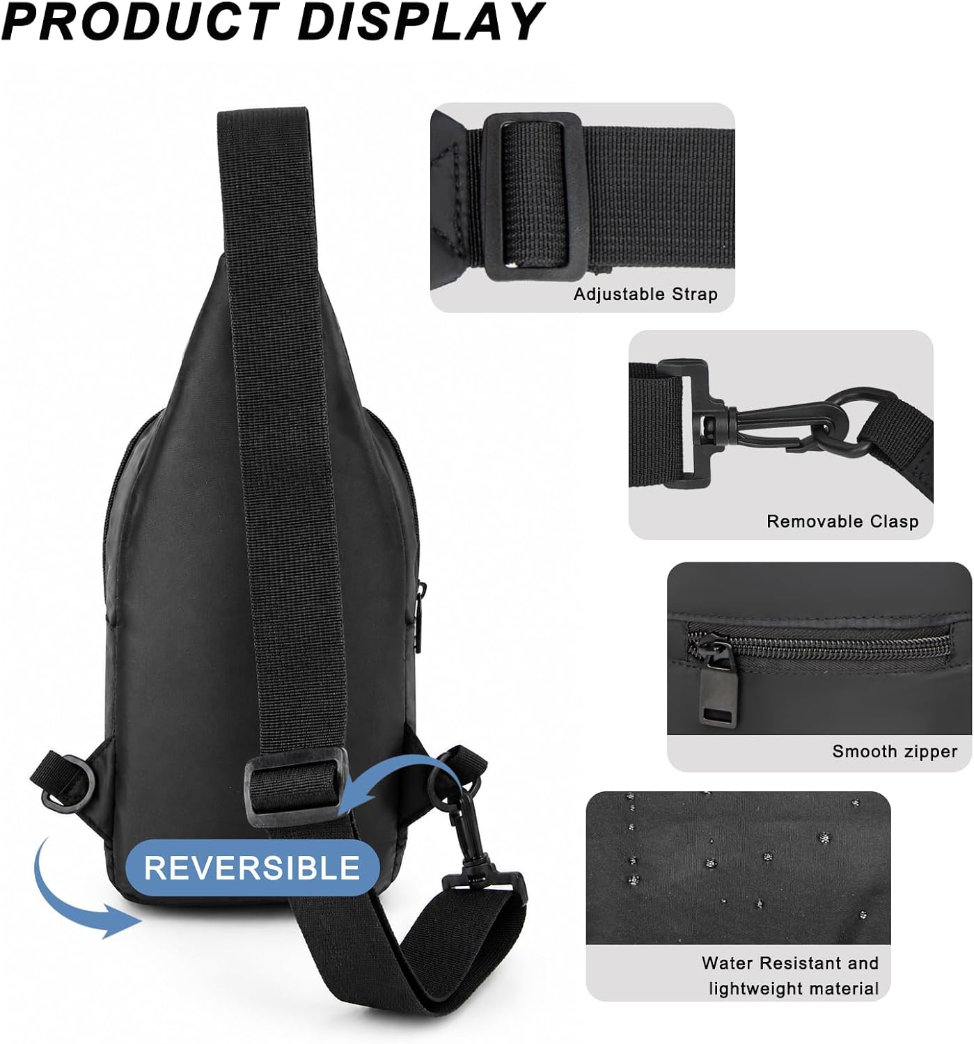 Sling Crossbody Bag for Men Women, Water Resistant Nylon Fanny Pack with Adjustable Strap for Travel Gym Cycling Daily,Black