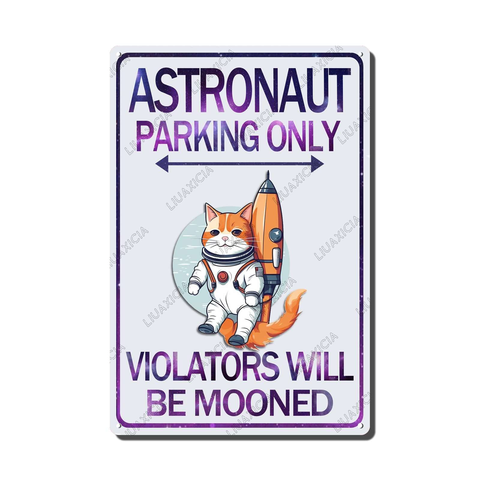 peiyeety Metal Tin Sign Astronaut Parking Only Cat Vintage Decorative Wall Art,Retro Funny Space Rustic Plaque for Home Living Room Bedroom Office,8x12 Inch