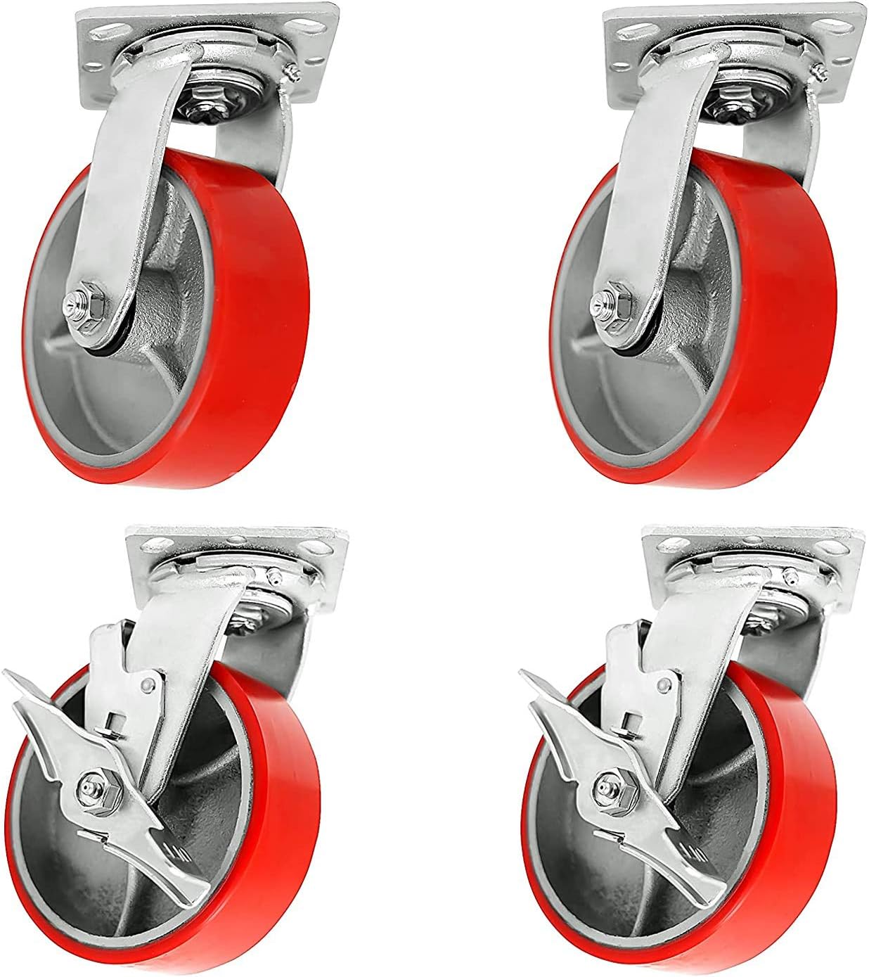 6 Plate Caster, Heavy Duty Polyurethane Mold on Steel Wheel Top Plate Caster Width 2 inches 4800lbs Higher Total Capacity (6 inches Pack of 4, 2 Swivels + 2 Swivels with Brakes)
