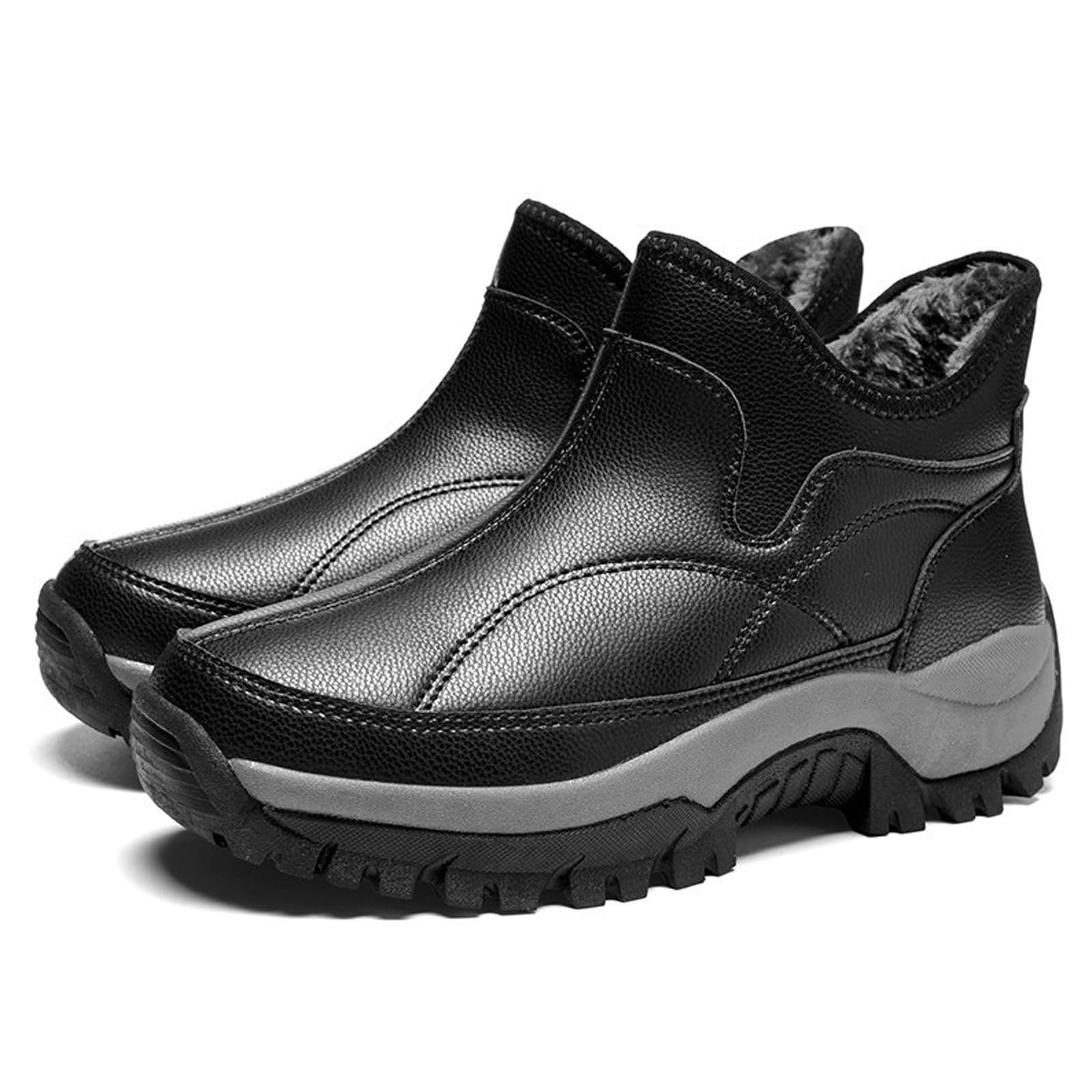 Womens Faux Leather Plush Rain Boots with Zipper Fashion Round Toe Platform Protective Warm Casual Snow Boots for