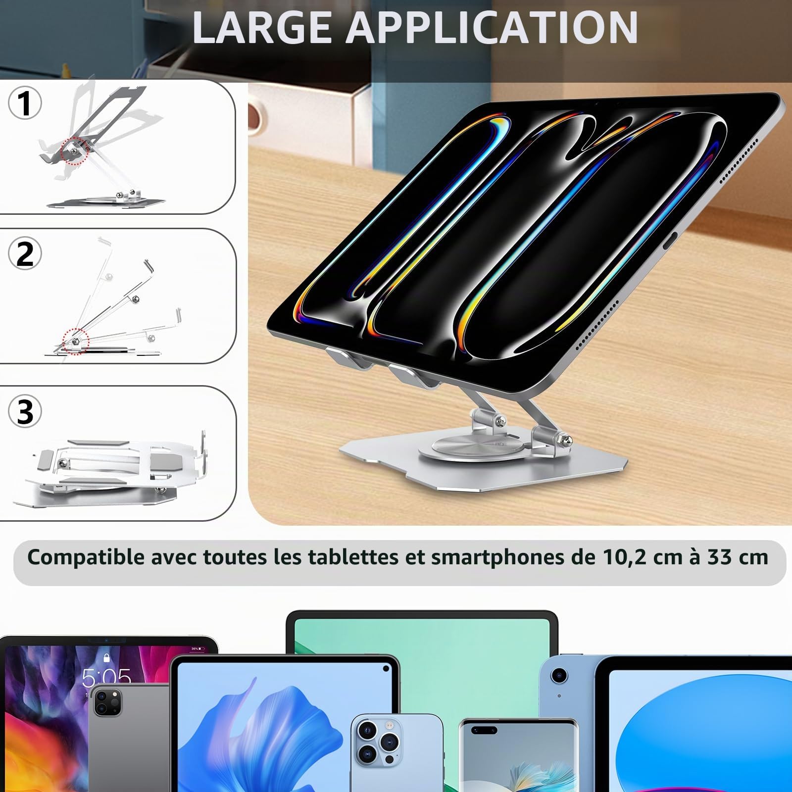 Bighan 360° Support Tablette Argent, Pliable Support Tablette Bureau Accessoires pour Tablette/PS/mobilephones/Switch 4,7" - 12,9"