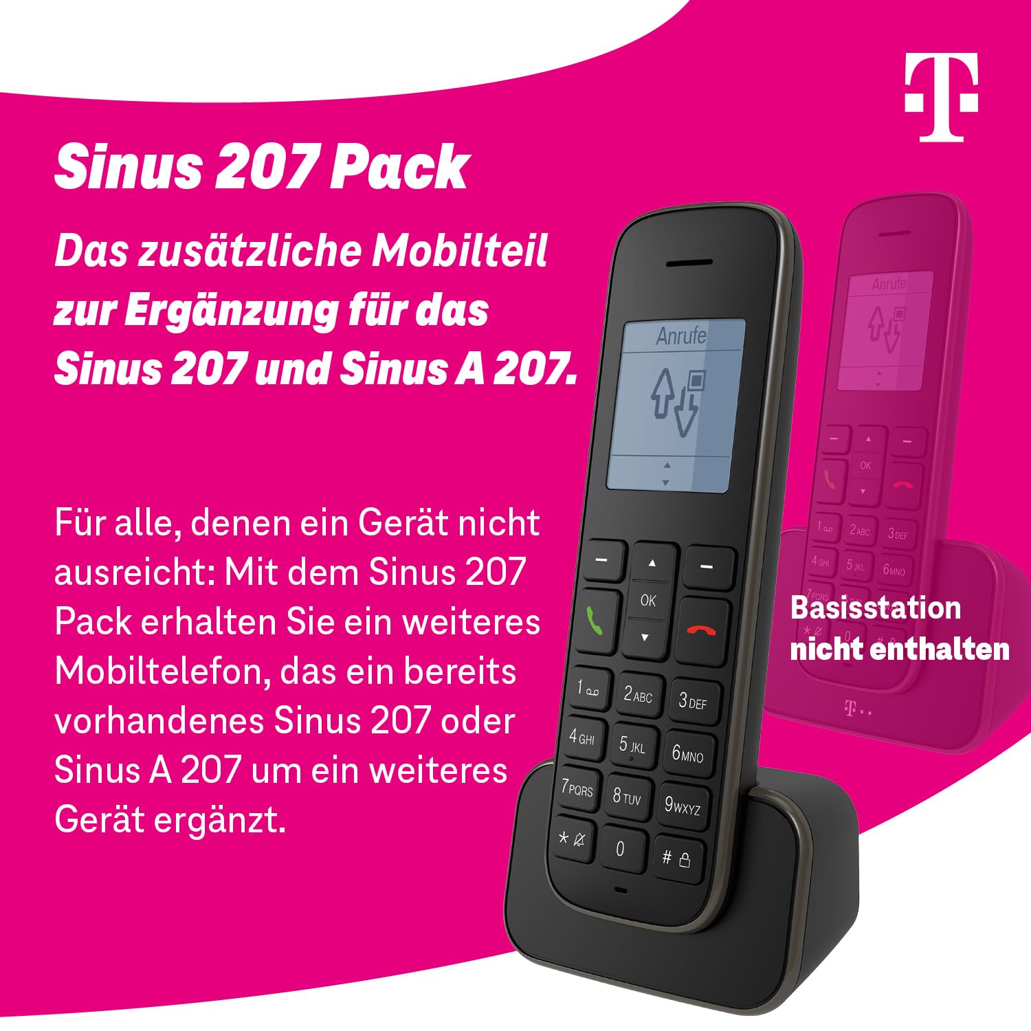 Telekom Sinus 207 Erweiterungspack I Zusatz-Mobilteil mit Ladeschale, schwarz I Betrieb nur mit vorhandener Sinus 207 / A207 Basisstation