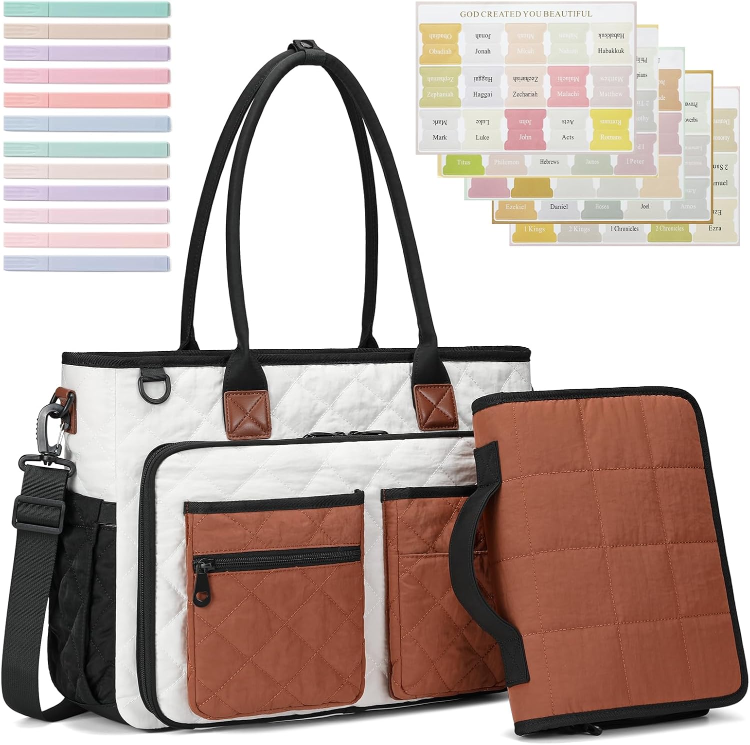 Large Bible Cover Case for Women - Bible Tote Bag with Book Carrying Case, Quilted Church Bag with Study Supplies