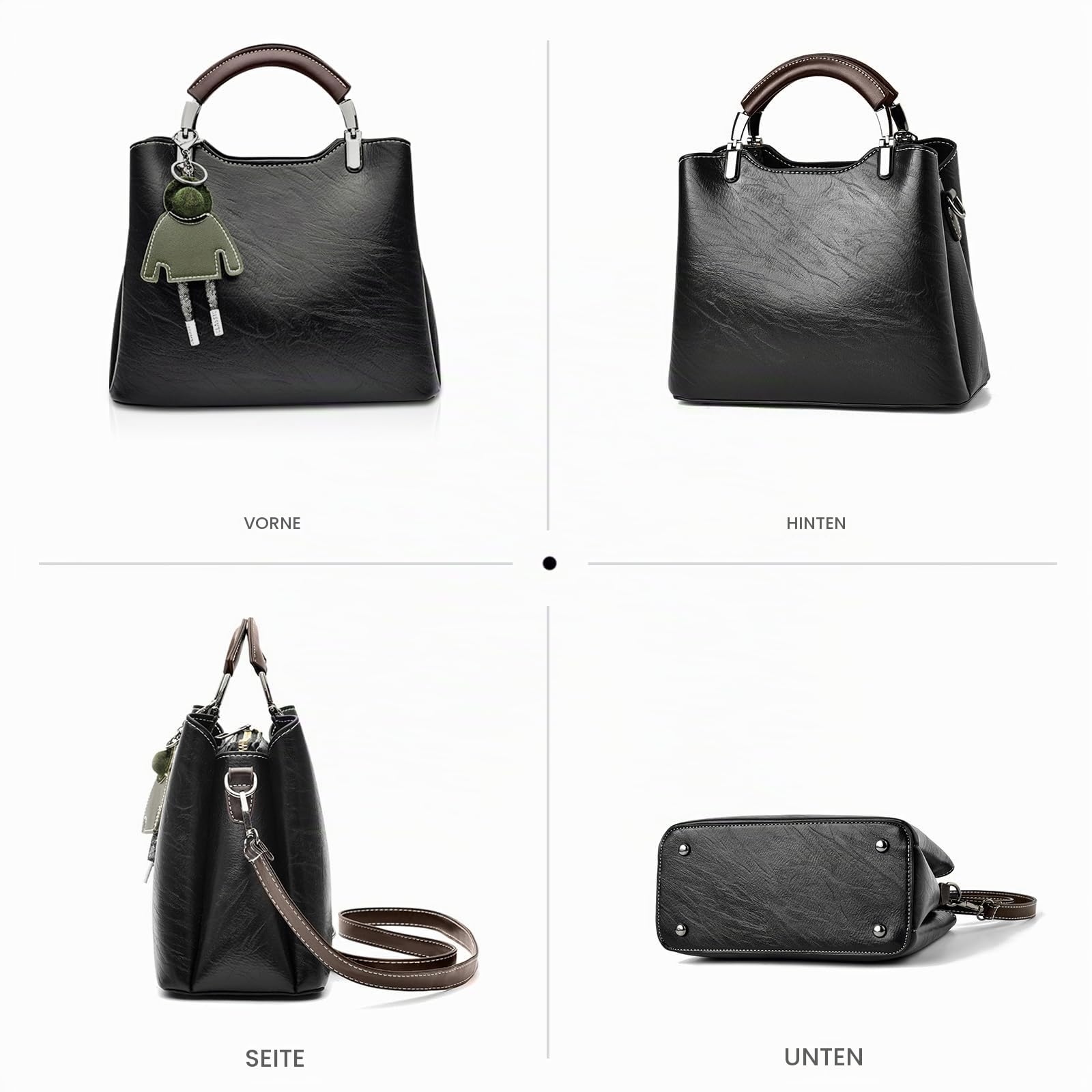 NICOLE & DORIS Handtasche Damen Klein Umhängetasche Crossbody PU Leder Henkeltasche Schultertasche Vintage Mini Tasche Satchel Handtasche mit Anhänger Schwarz