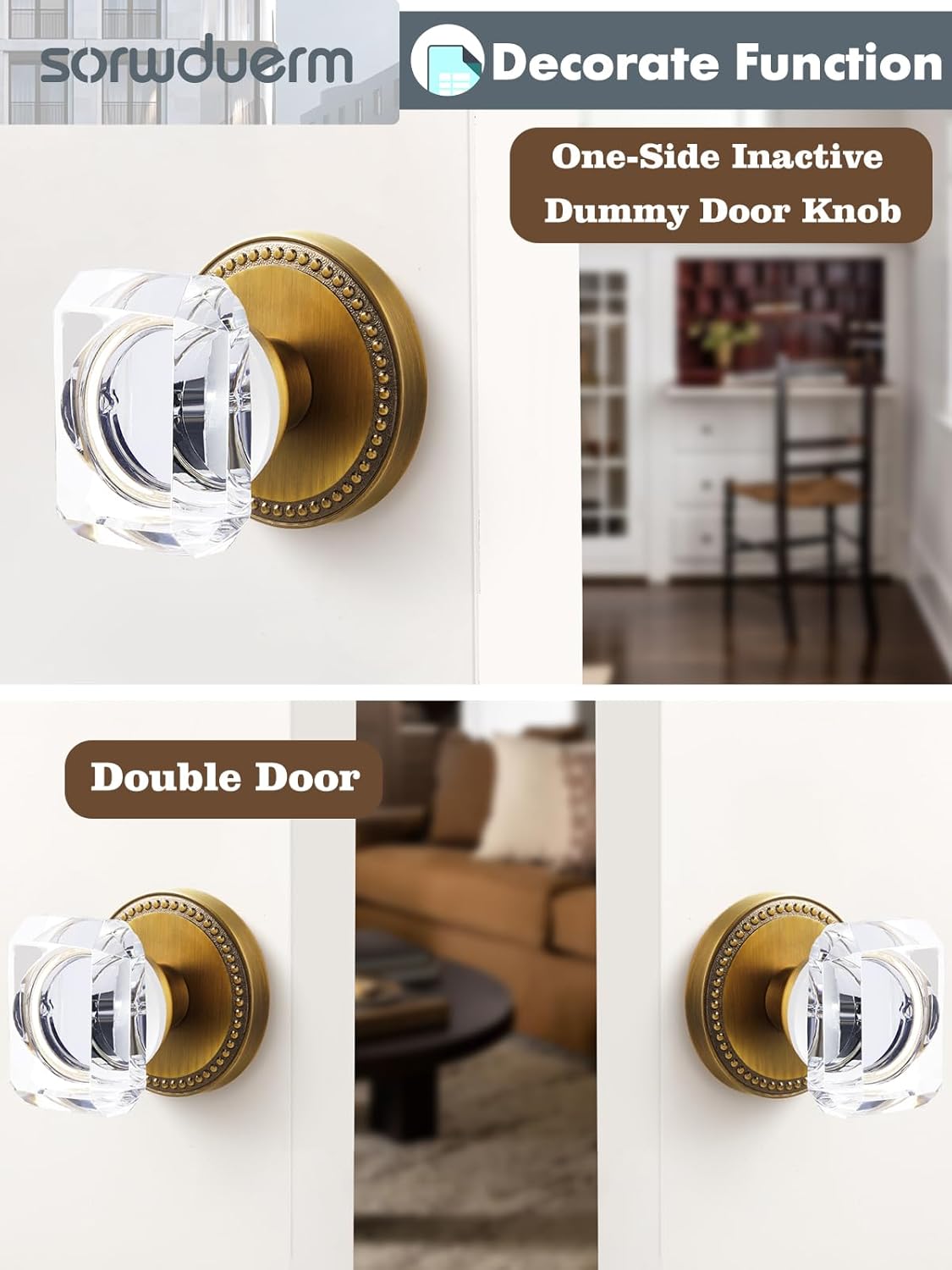 2 Pack Antique Brass Door Knobs Crystal Door Knob Dummy Door Knobs Glass Interior Dummy Handle Single Sided Decorative