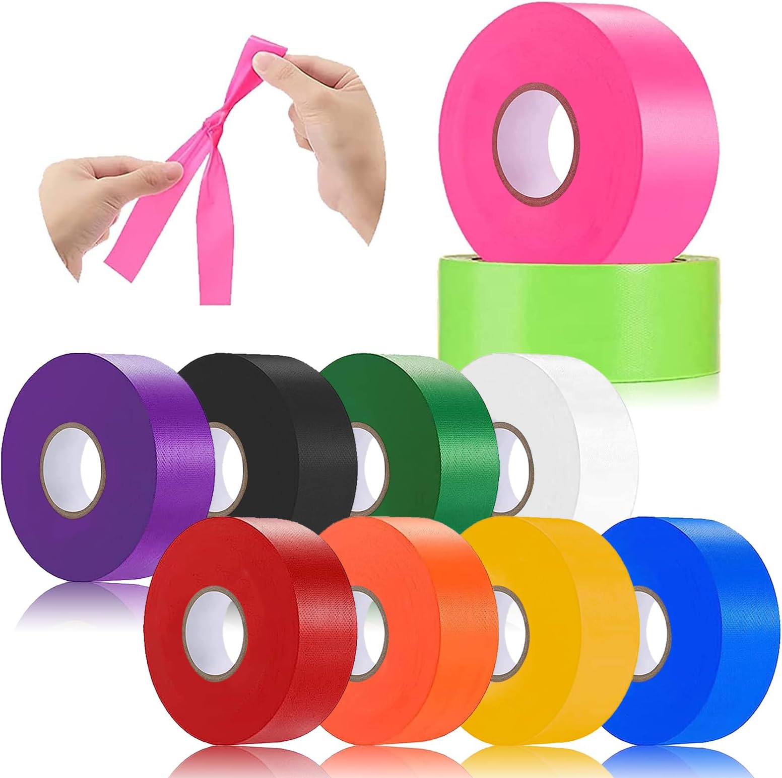10 Pack Flagging Tape 10 Assorted Colors, Non-Adhesive Plastic Ribbon Neon Marking,1"*2000' Marking Tape for Tree Marking, Hunting, Boundaries and Hazardous Areas,Trail Marking