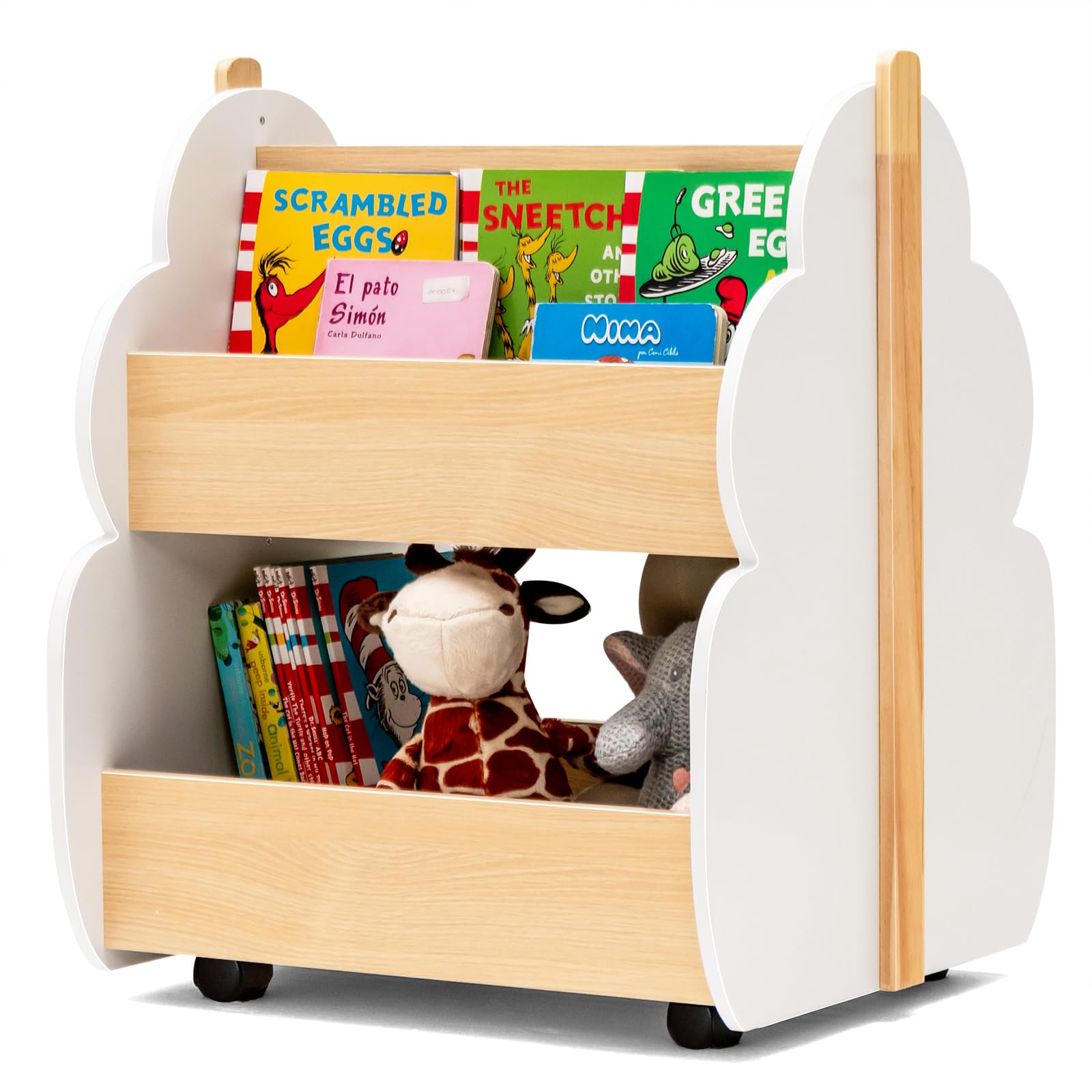 COSTWAY Estantería Infantil de Madera con Ruedas, Librería para Niños de 2 Niveles, Estantería para Juguetes, Multifuncional Organizador de Libros para Salon, Dormitorio de los Niños (Blanco)