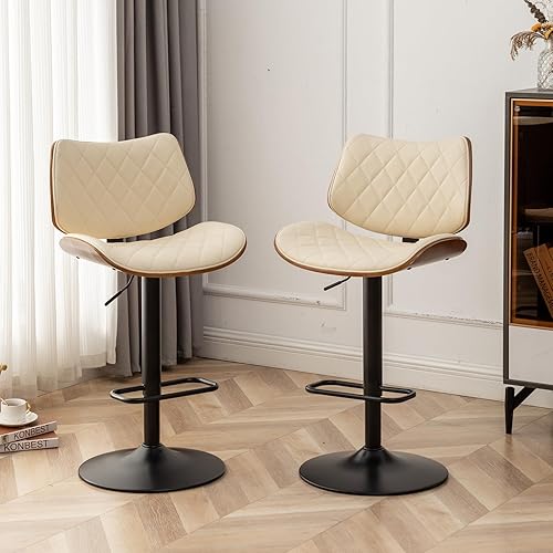 Miniatura 10 de LUNLING Juego de 2 taburetes de bar modernos de mediados de siglo, altura de mostrador, tapizados de cuero negro, sillas de bar giratorias de 360