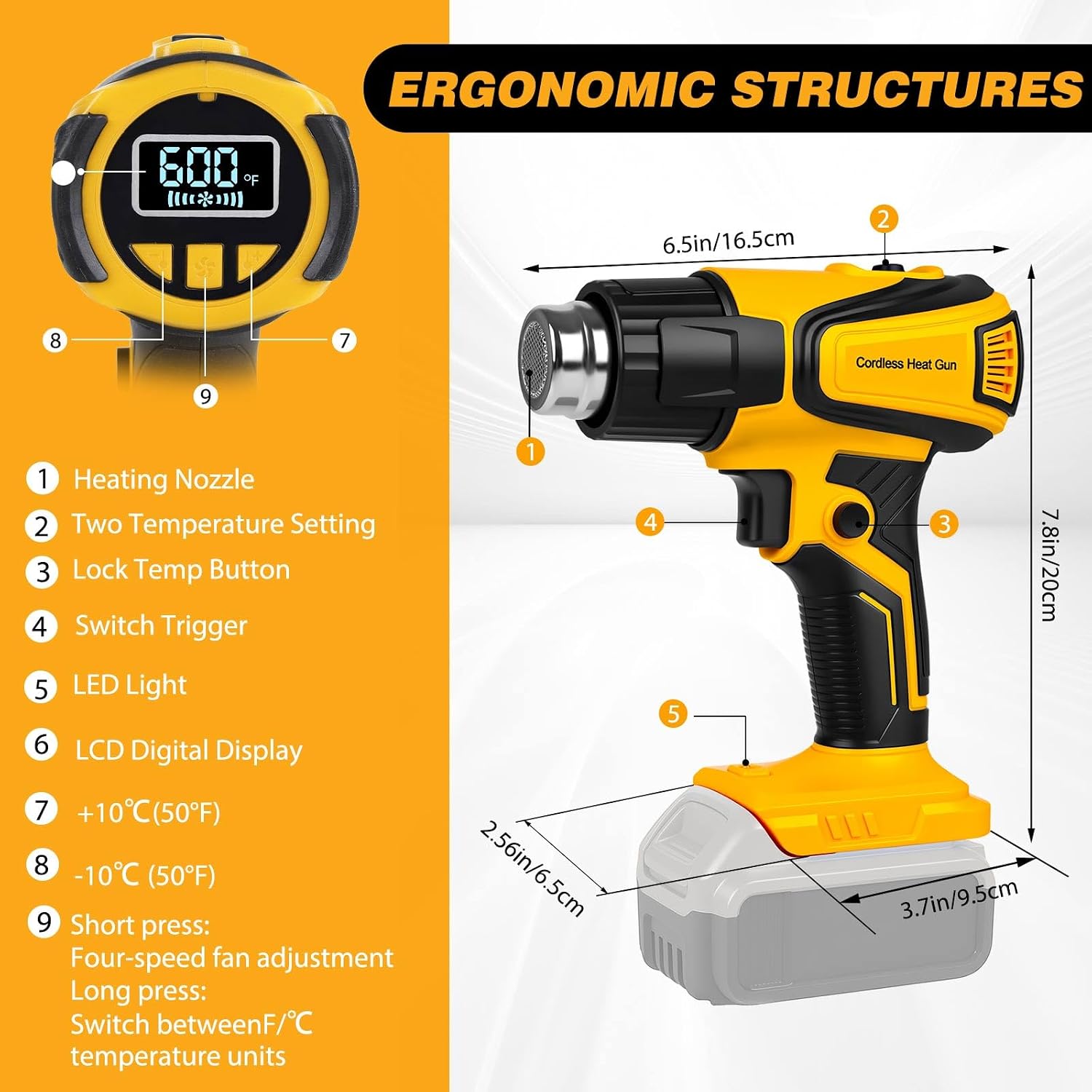 Cordless Heat Gun Compatible with Dewalt 20V Battery, 350W Fast Heating Portable Hot Air Gun with LCD Display, 2-Temp Setting 120-1112℉ 4 Nozzles for Crafts DIY (Tool Only, Not Made by Dewalt)