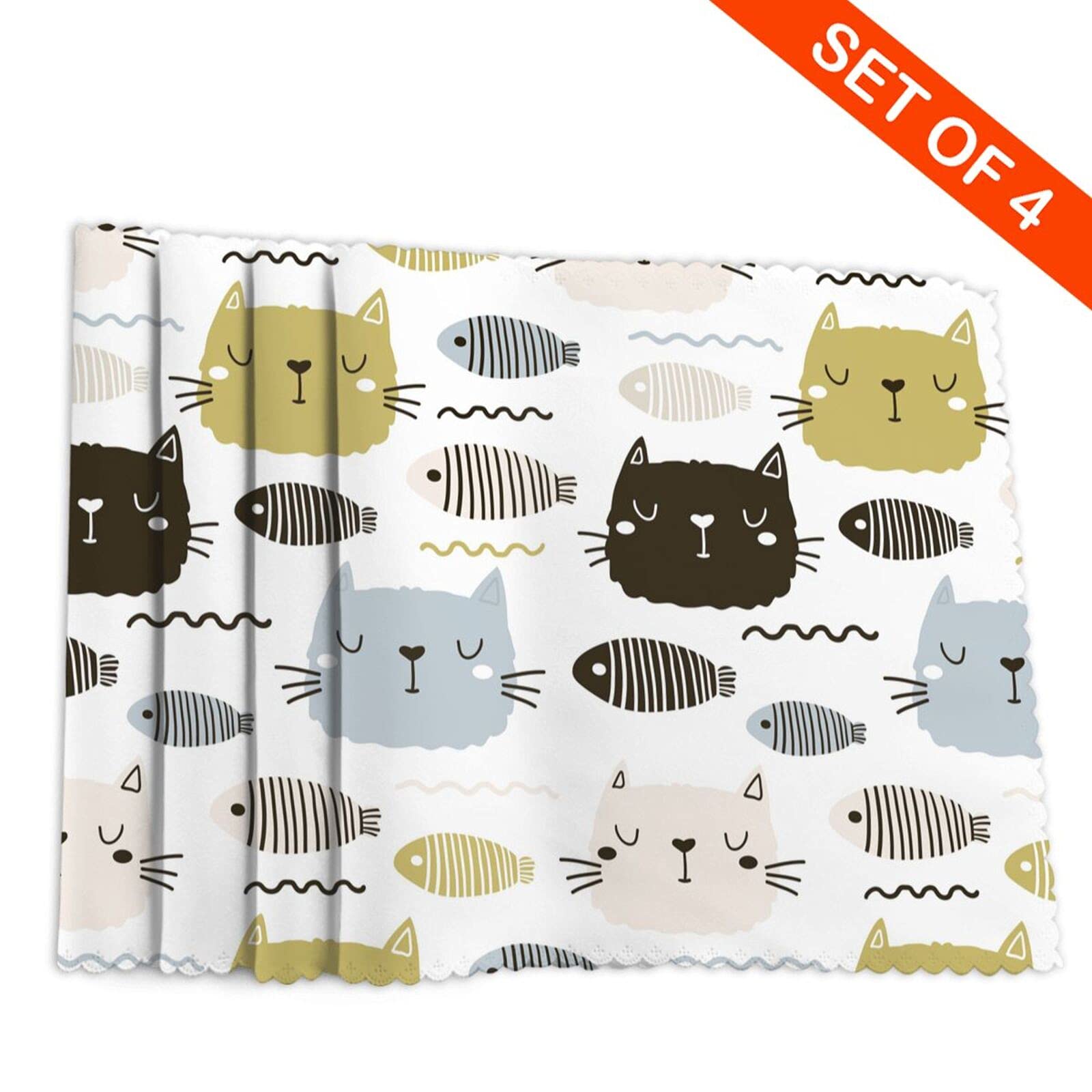 Amazon｜ランチョンマット 4枚セット 猫柄 ネコ 魚柄 波柄 北欧風