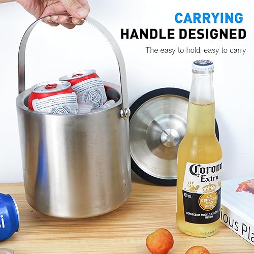 Miniatura 7 de Cubo de hielo de 2 litros con tapa de silicona, colador, pinzas, pequeño cubo de hielo de acero inoxidable aislado de doble pared para cócteles y