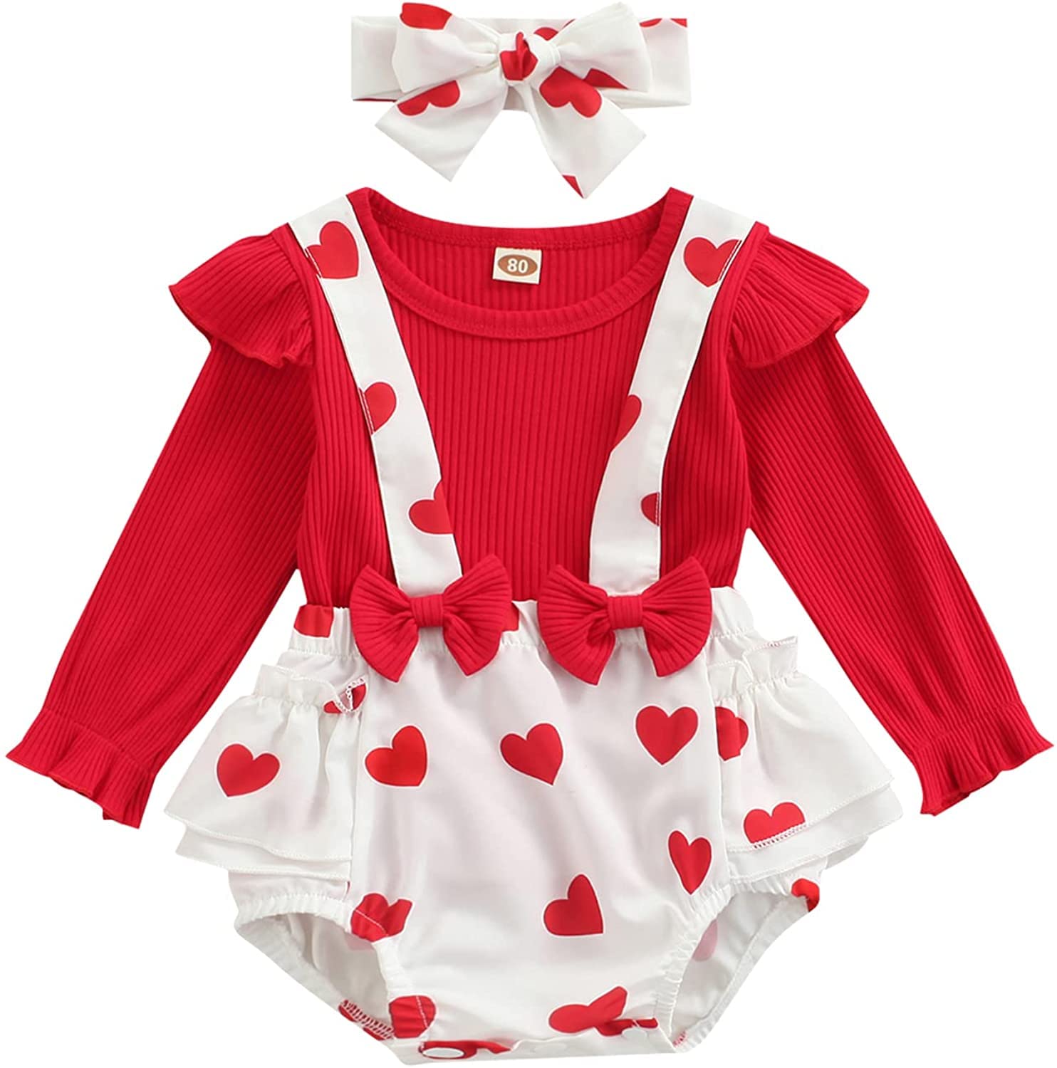 JLKGICF Infant Baby Girl Valentine 's Day Outfit Long Sleeve Top Love Heart Suspender Shorts Skirt Headband Clothes Set (Overall Shorts Set,0-6 Months)