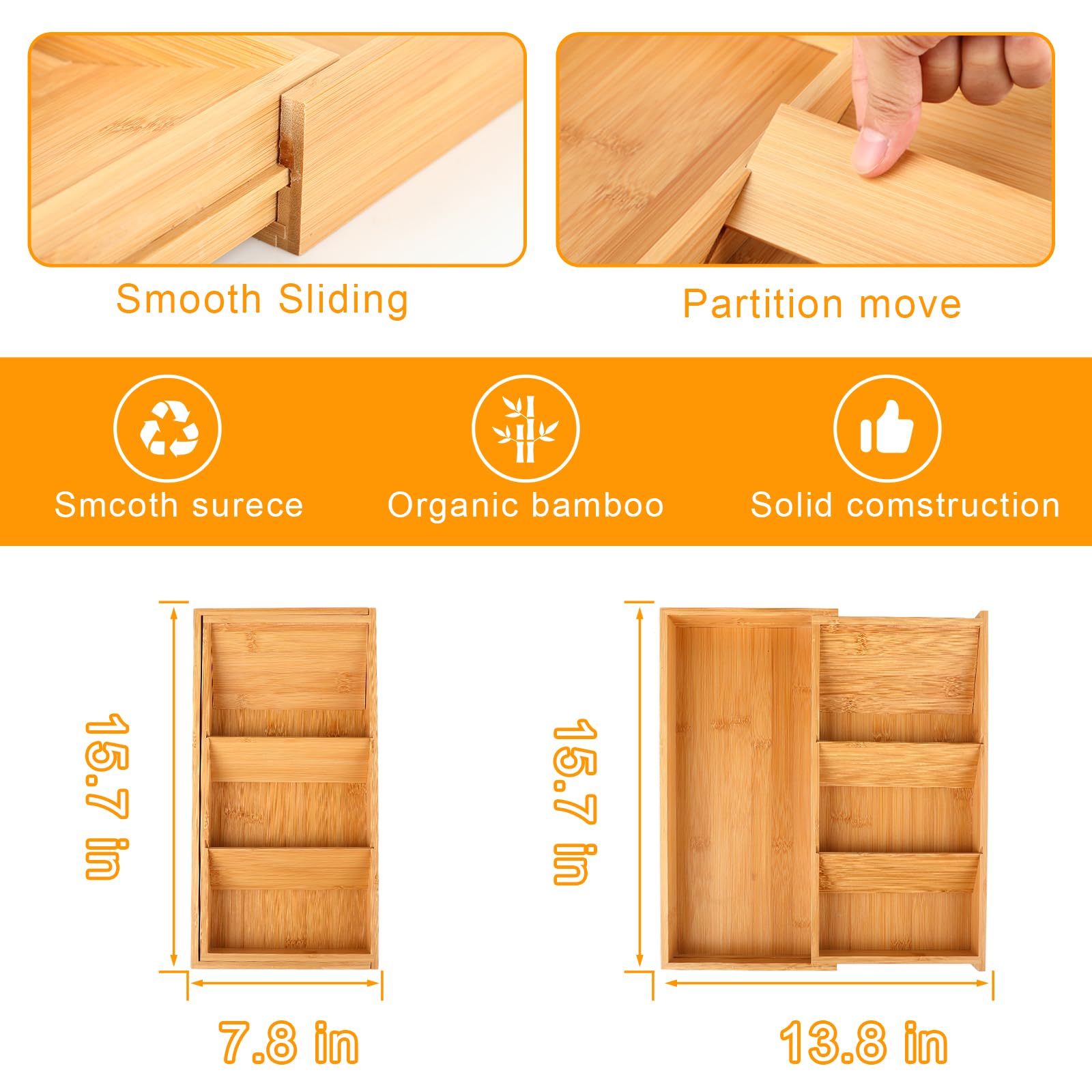 Organizador de cajones de cocina, organizador de cajones de cubiertos de bambú con bandeja expandible para utensilios de cocina, organizador compacto de cajones para tenedores, cucharas,