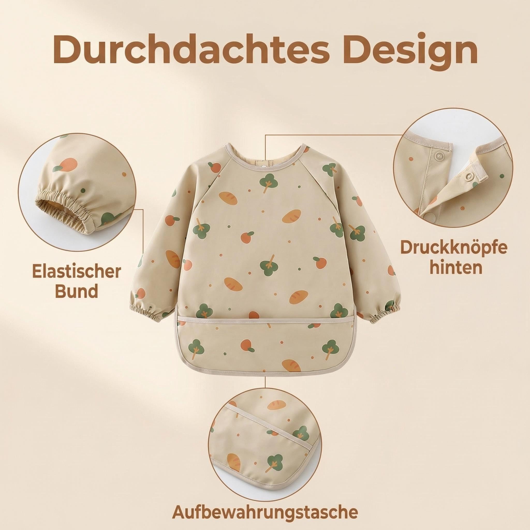 Baby Lätzchen mit Ärmeln & BLW, 2 Pcs PU Wasserdicht Abwaschbar Ärmellätzchen, Ganzkörper Lätzchen Baby für 6-36 Monate Jungen Mädchen (Dinosaur & Breadfruit)