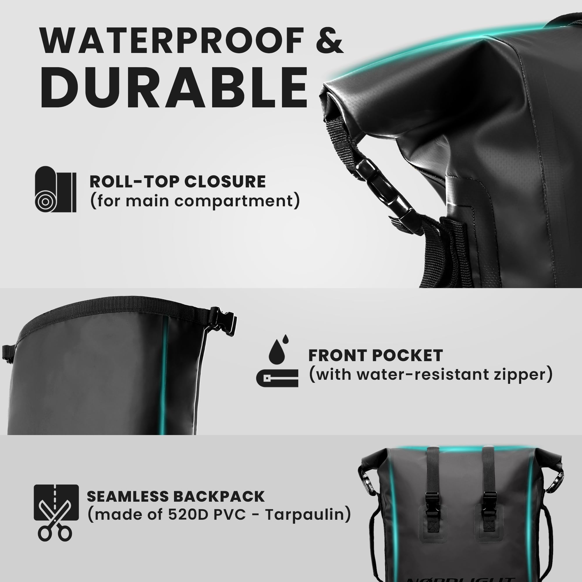 Nordlight Mochila impermeable Dry Bag 35l - (Negro) Roll Top Backpack con correa de transporte acolchada, mochila de bicicleta, mochila de mensajero, senderismo, pesca