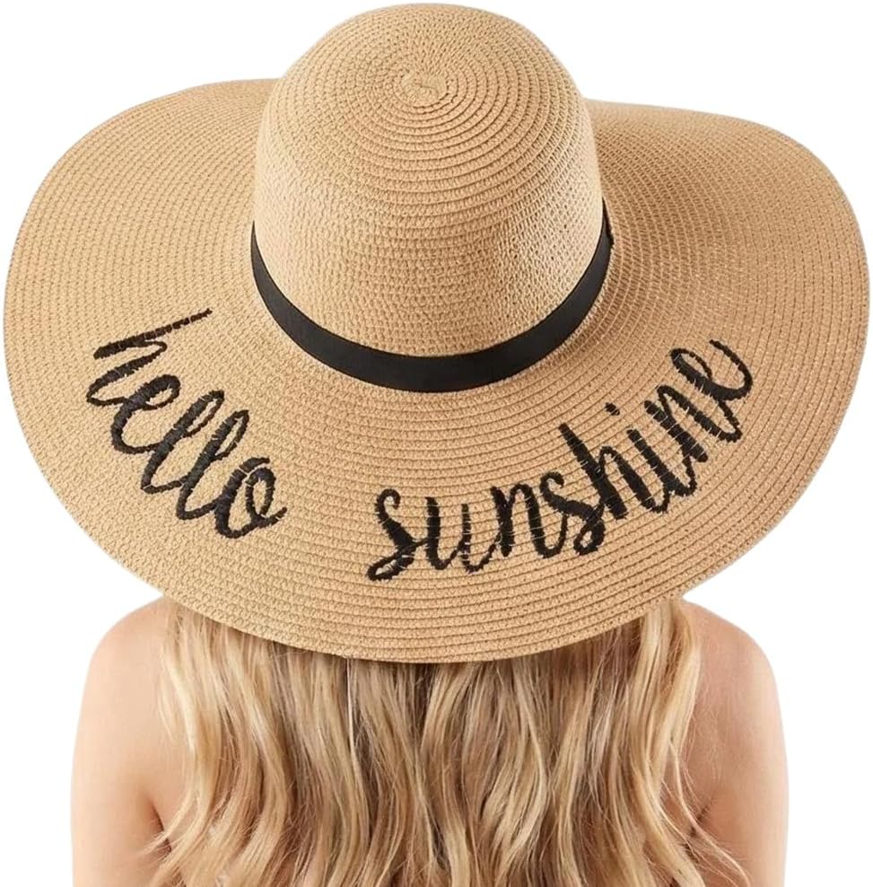 DRESHOW Big Straw Sun Hats for Women Floppy Foldable Roll up Beach Cap Sun Hat UPF 50+ Vacation Honeymoon Embroidered Hat