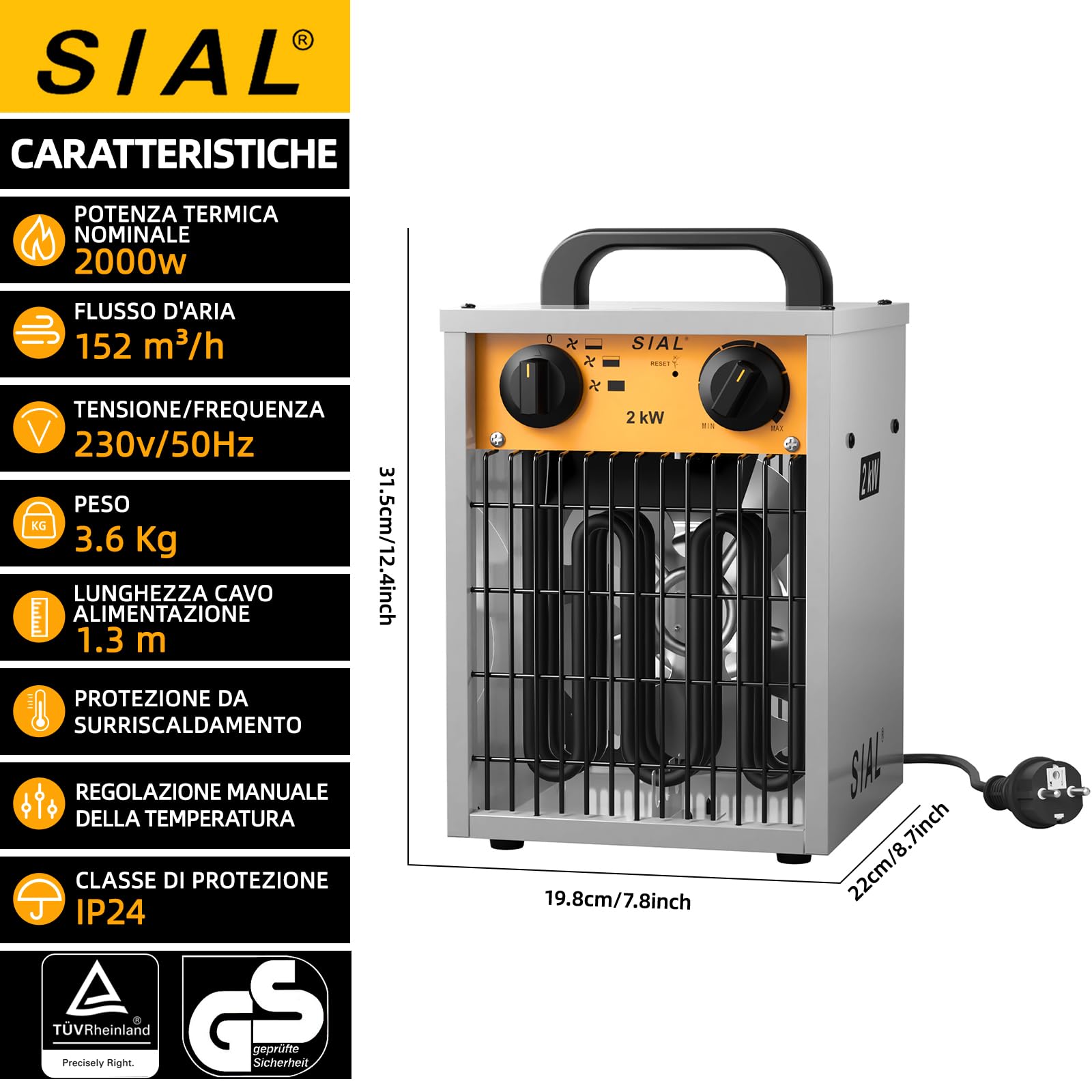 SIAL Industriale Riscaldamento 2000 W - Termoventilatore - Radiatore Elettrico - Adatto per Cantieri, Negozi, Garage, Scantinati(Argenteo)