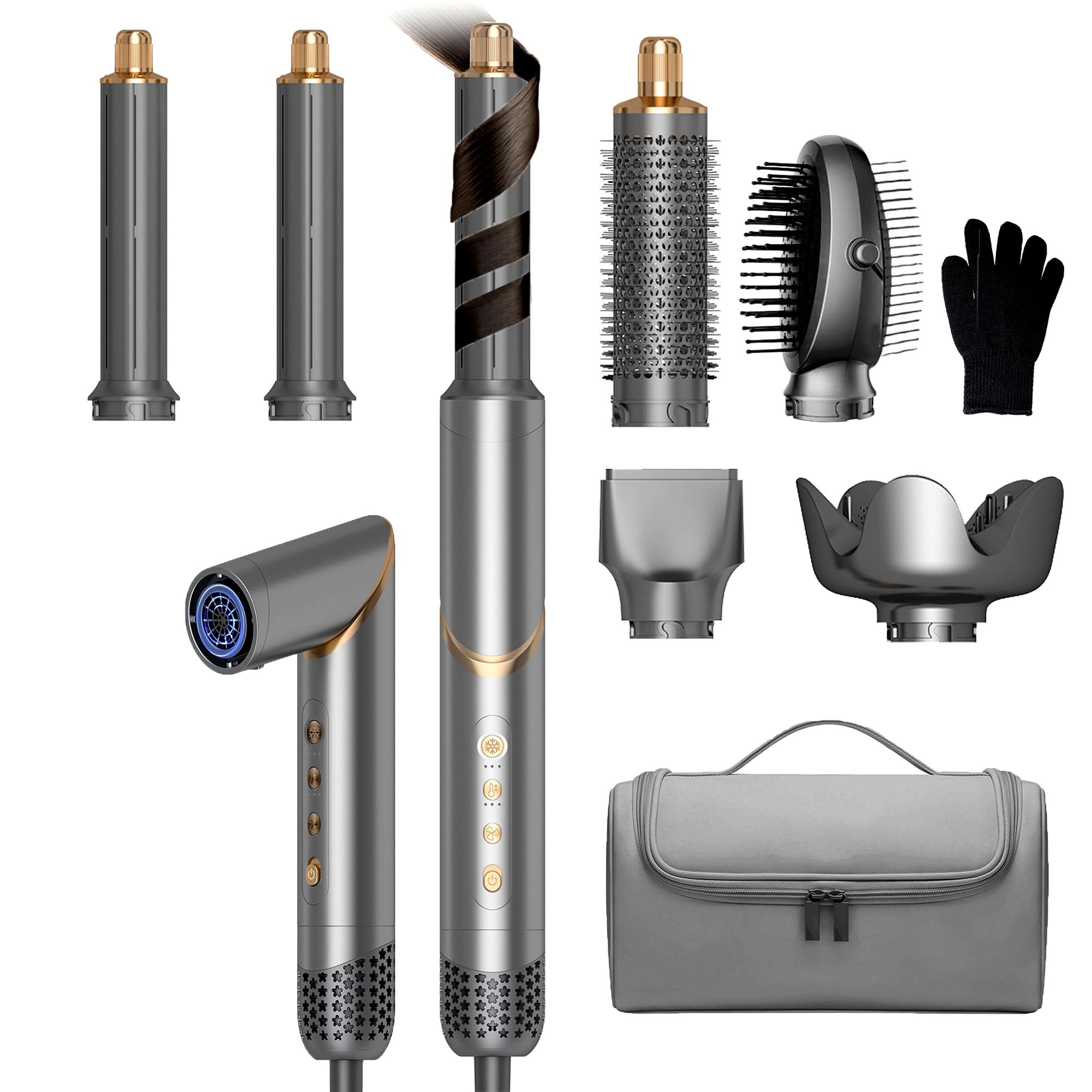 OKWRAP Hair Styler Set, Haarstyler 6 in 1, Multistyler Haare 110000 U/MIN mit Rundbürste Föhn, Diffusor, Automatischer Lockenstab, Glättbürste für Trocknen, Glätten,Locken mit Aufbewahrungstasche