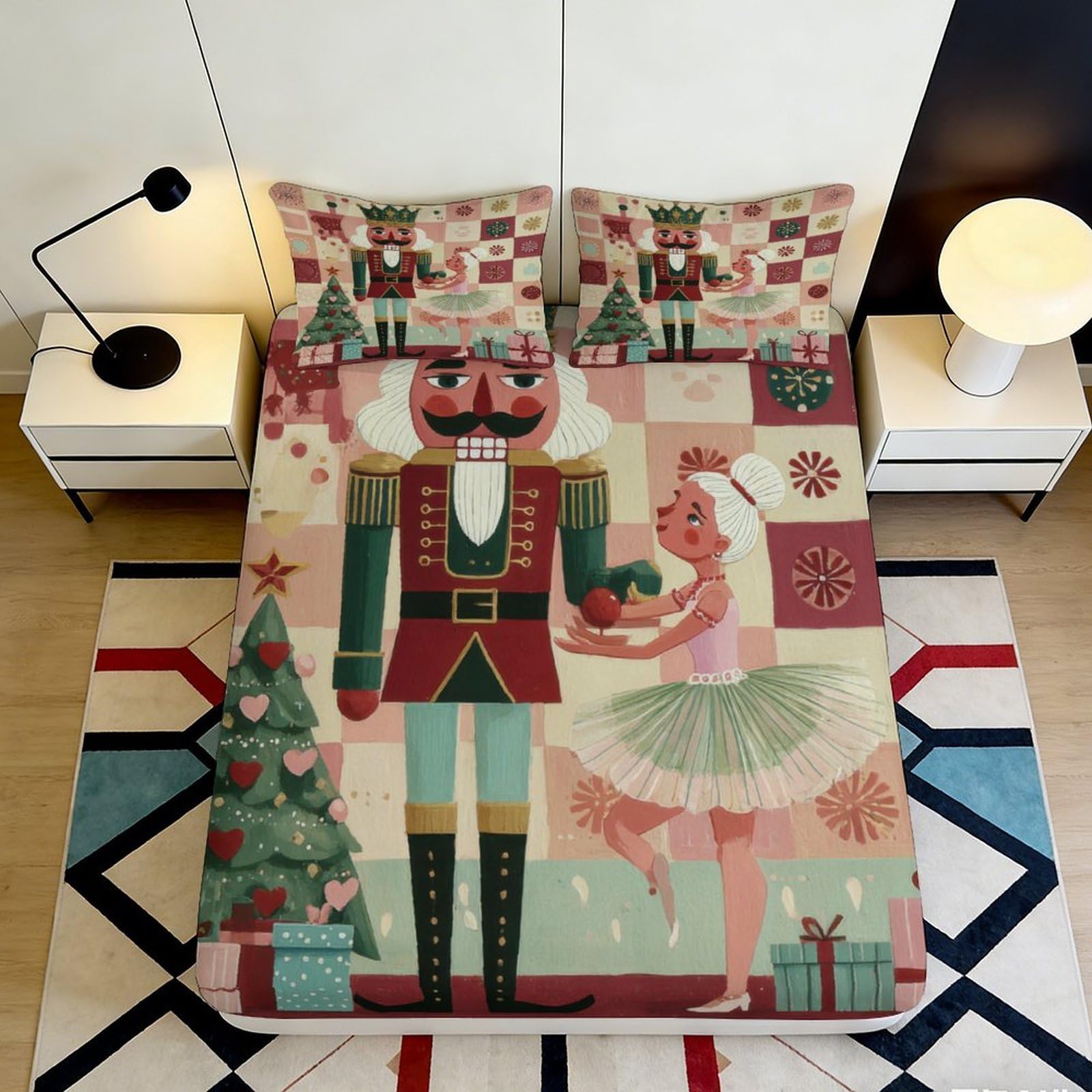3D Printed Nutcracker Ballet Fitted Sheet Microfiber Soft Non-Slip Christmas Tree Mattress Cover for Bedroom Guest Room Decor 200x200x25cm