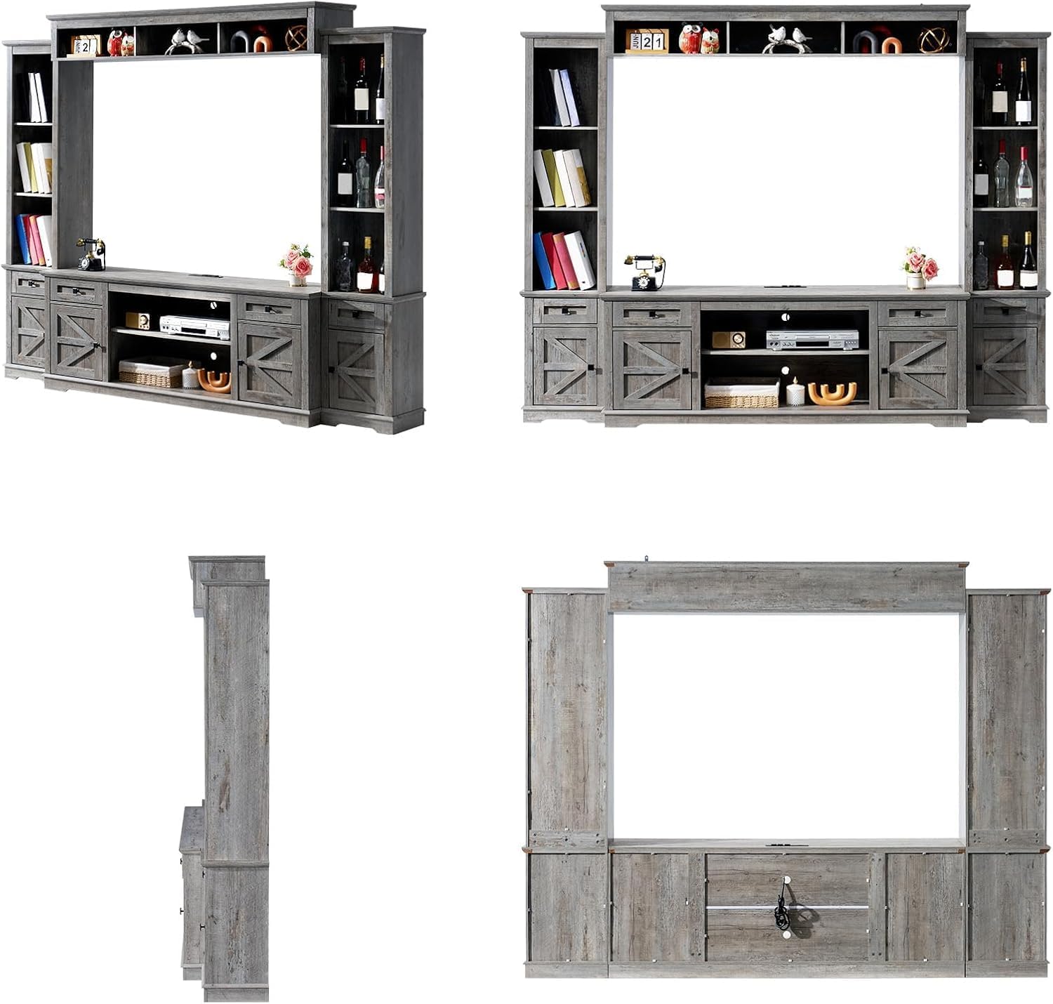 AMERLIFE 98" Farmhouse Wall Unit Entertainment Center with Bookshelves, Wine Cabinet, Fits 75" TVs, Large TV Stand with Power Outlets & Barn Door, Rustic Media Console for Living Room, Gray