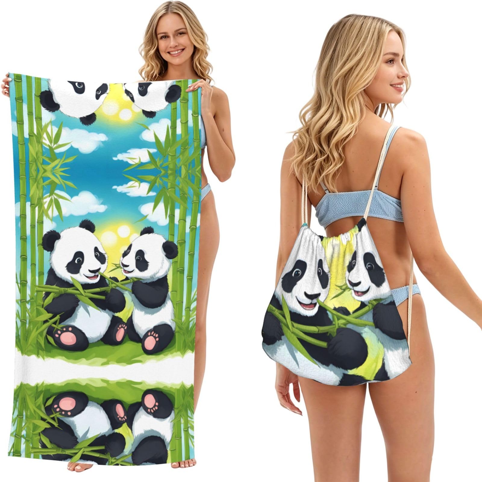 SXZVVBN Two happy pandas 2-in-1 Beach Towel Bag, Quick Dry Sand Free Travel Towel Backpack for Adults